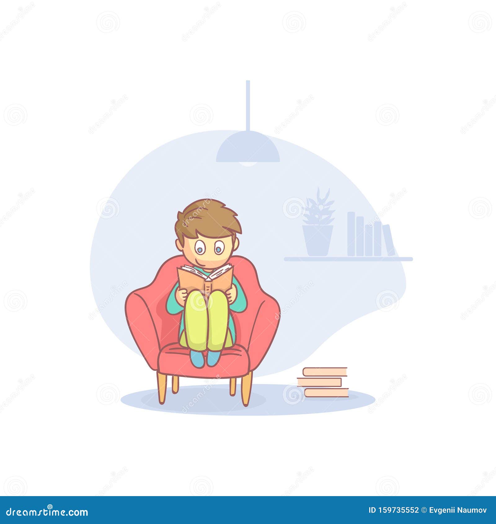 Teenager Boy Sitting Comfortably in Armchair and Reading Book Cartoon Vector Illustration on White Background.