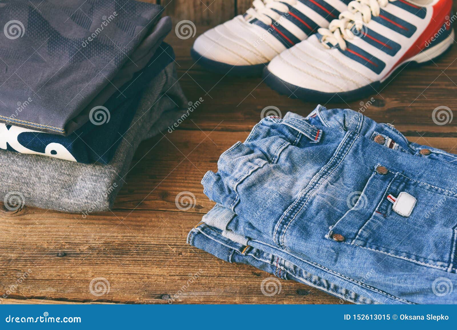 Teenager Casual Outfit. Boys Shoes, Clothing and Accessories on Wooden ...