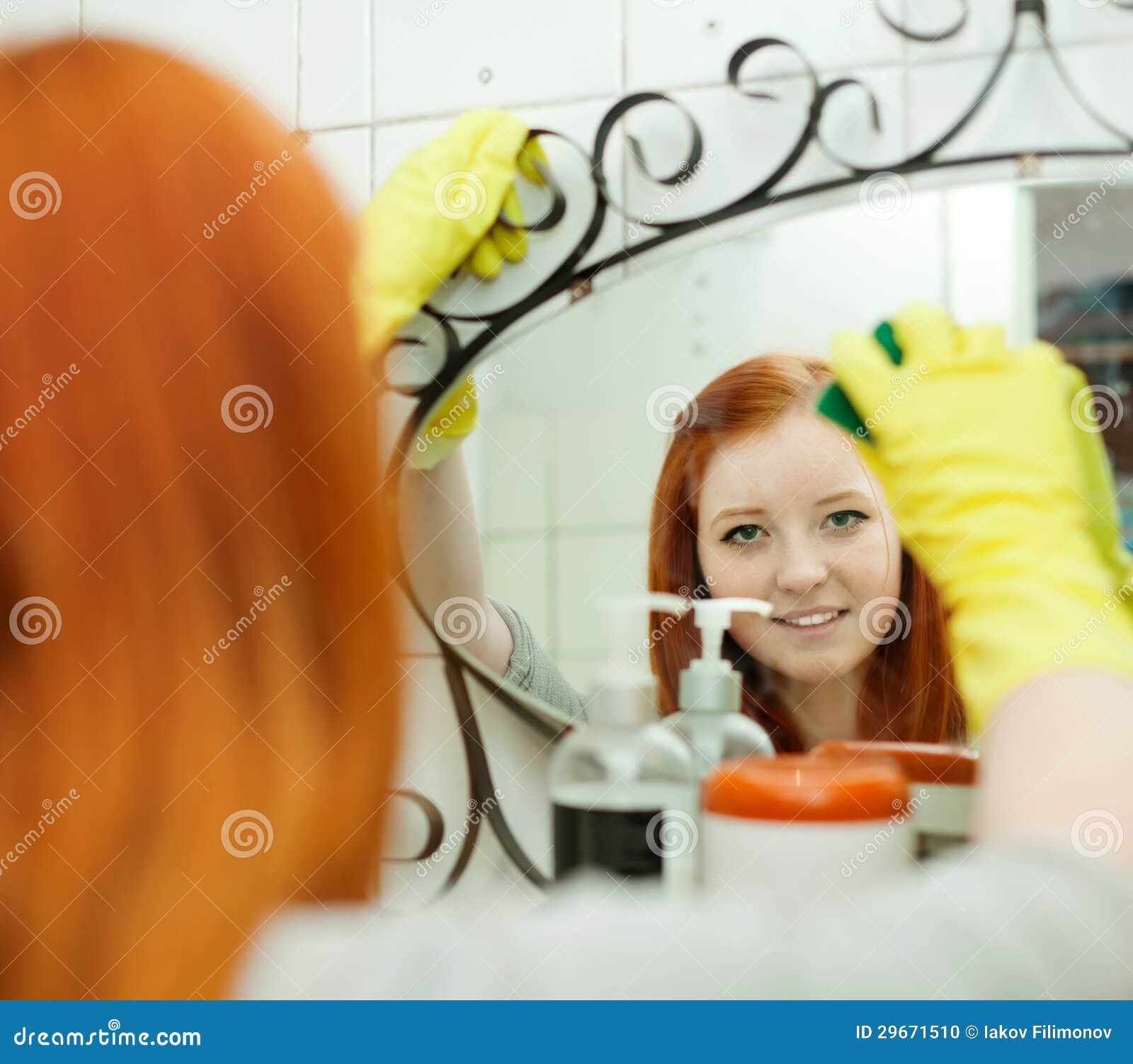 Teenager Cleans Mirror with Sponge Stock Photo Image of mirror