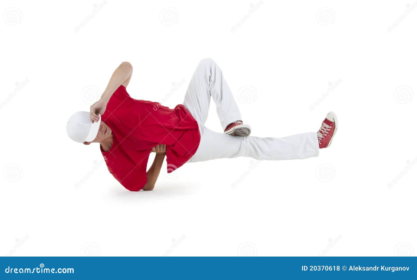 Teenager dancing breakdance in action. Teenager dancing break dance in action over white