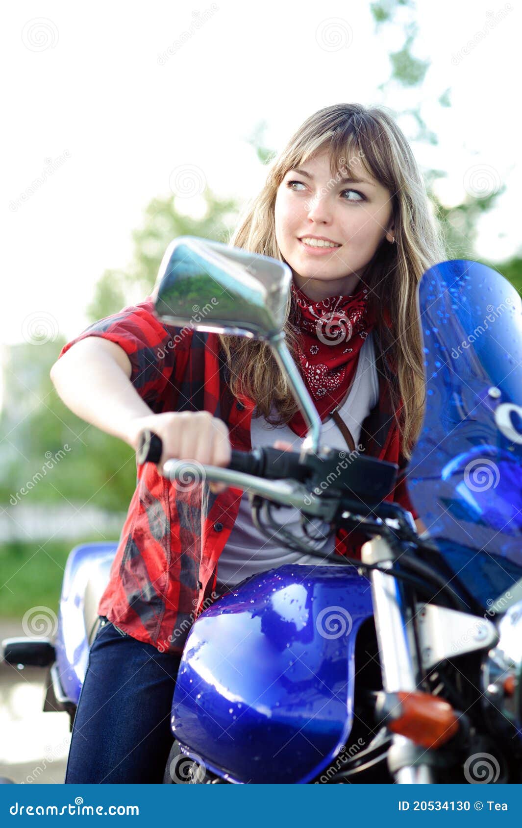 Teenager Girl Drive Blue Motorcycle Stock Photo - Image of portrait ...