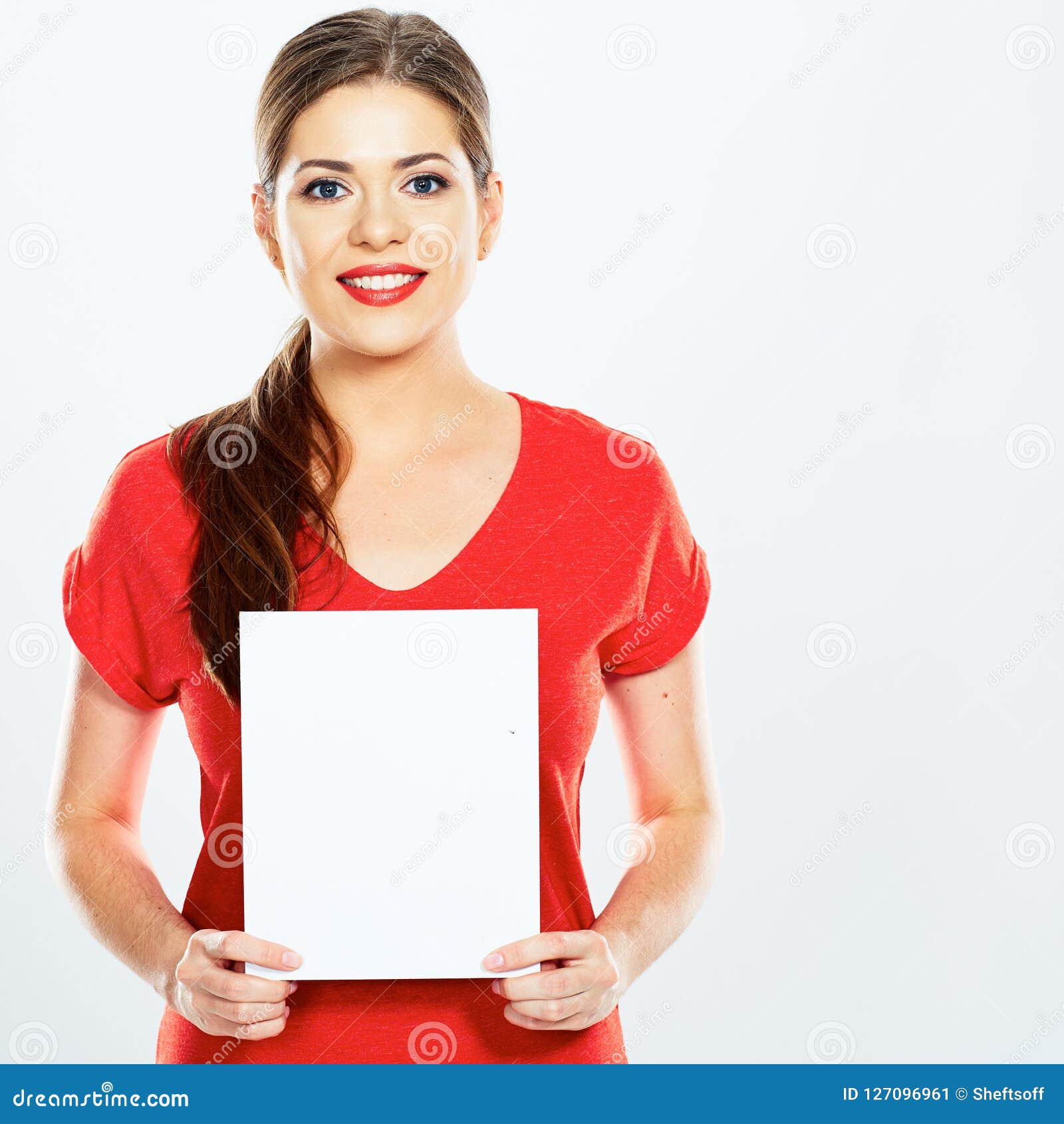 Teenager Girl Hold White Blank Paper. Young Smiling Woman Show Stock ...