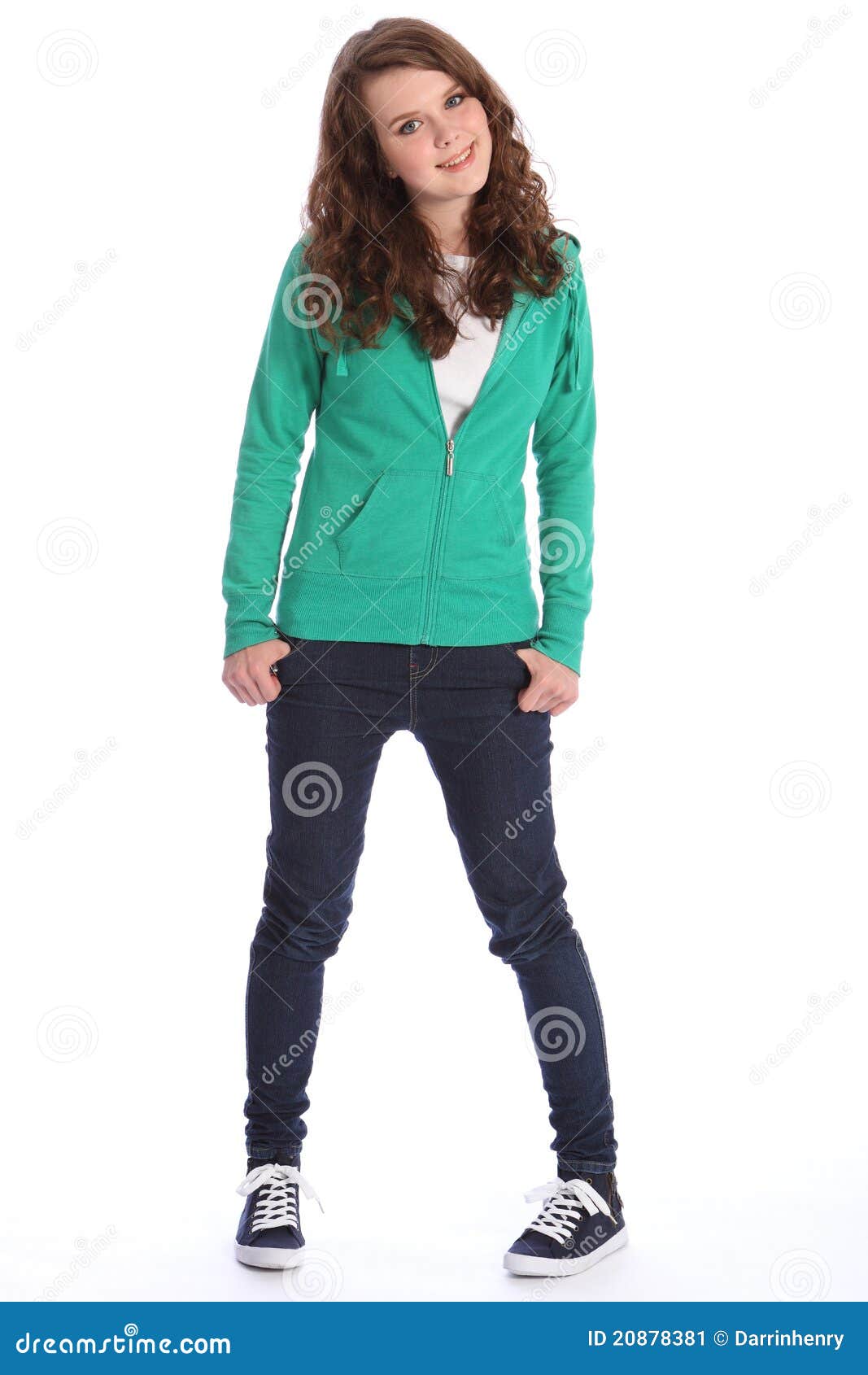 Teenager Girl  In Jeans  And Hoodie  With Big Smile Stock 
