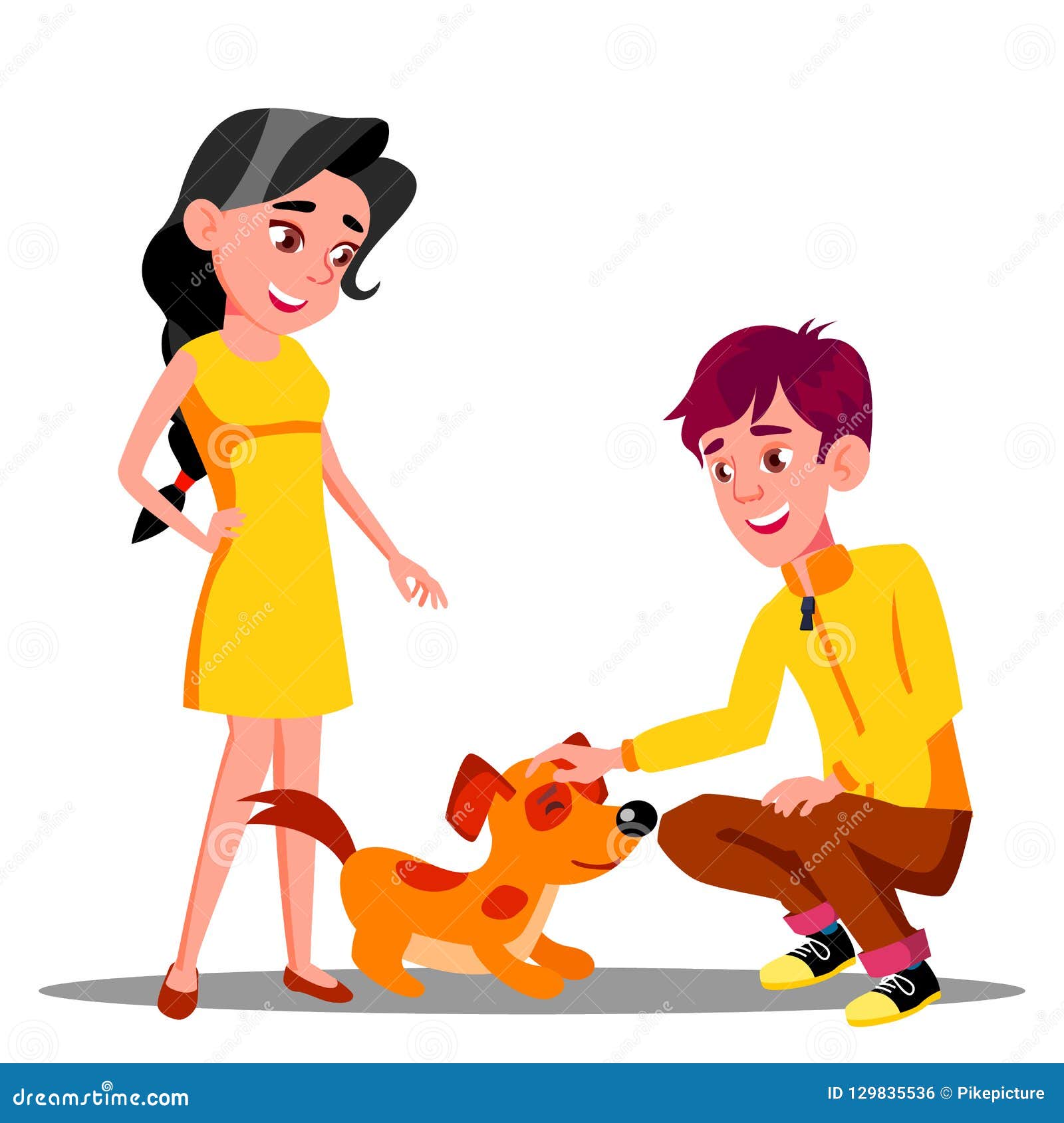 teenager petting the dog in park .  