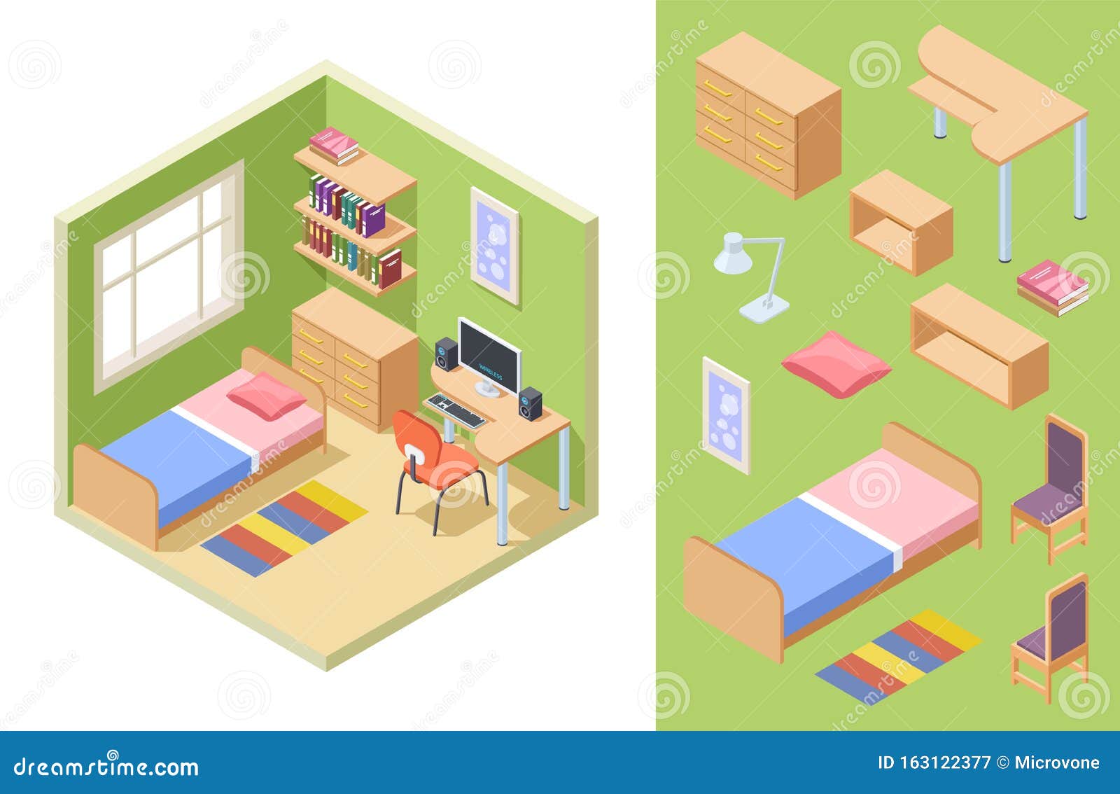 Teenagers Room Isometric Vector Bedroom Concept Interior For