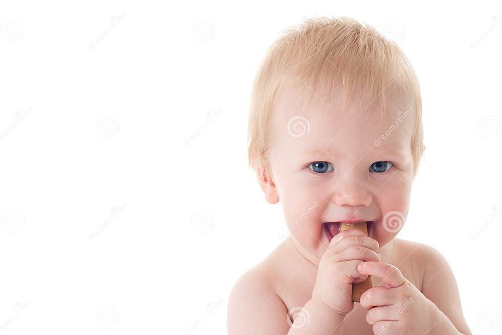 Teething Baby Chewing on Rusk Stock Image Image of happy, months