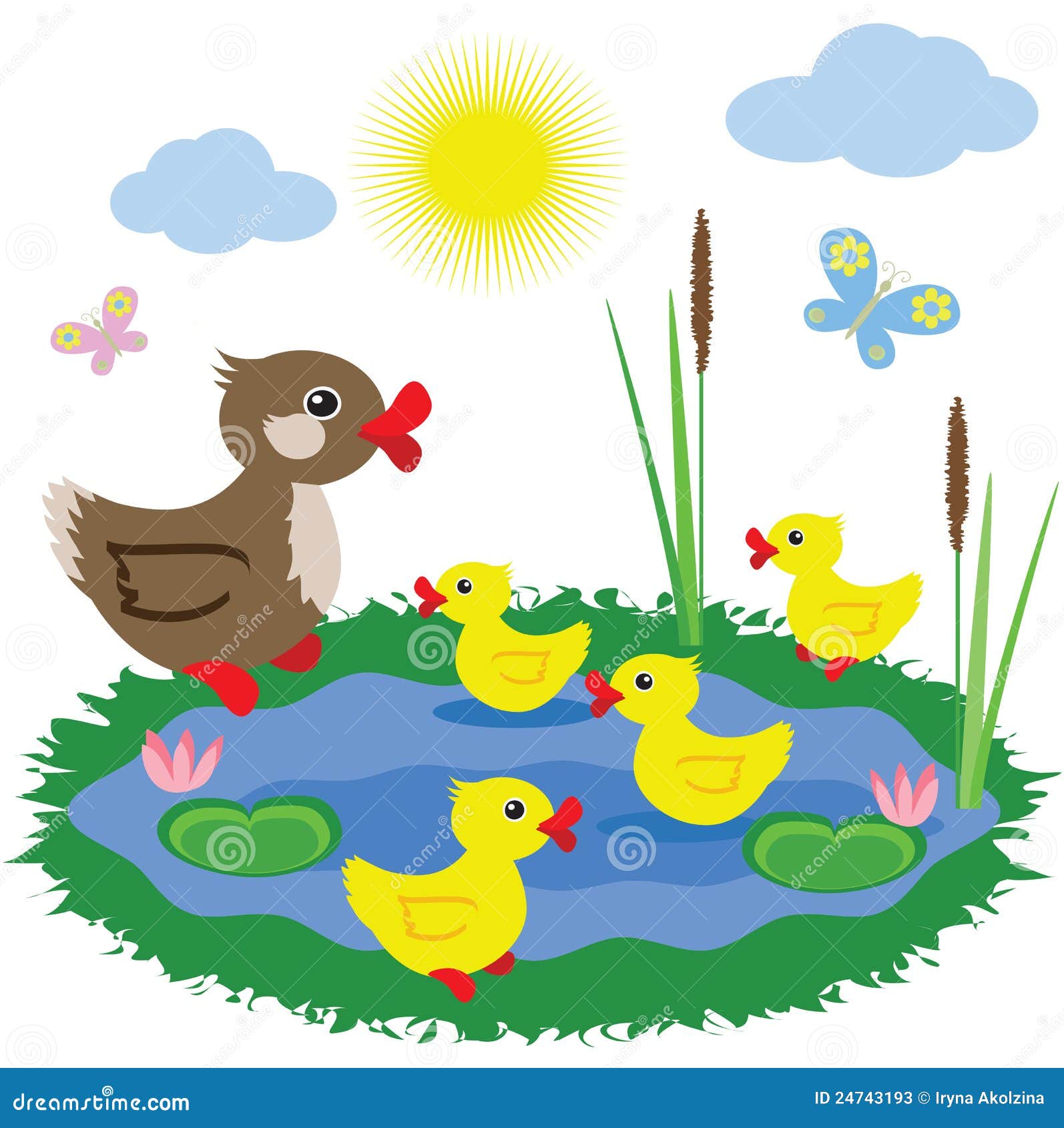 Teich mit Enten. vektor abbildung. Illustration von entlein 24743193