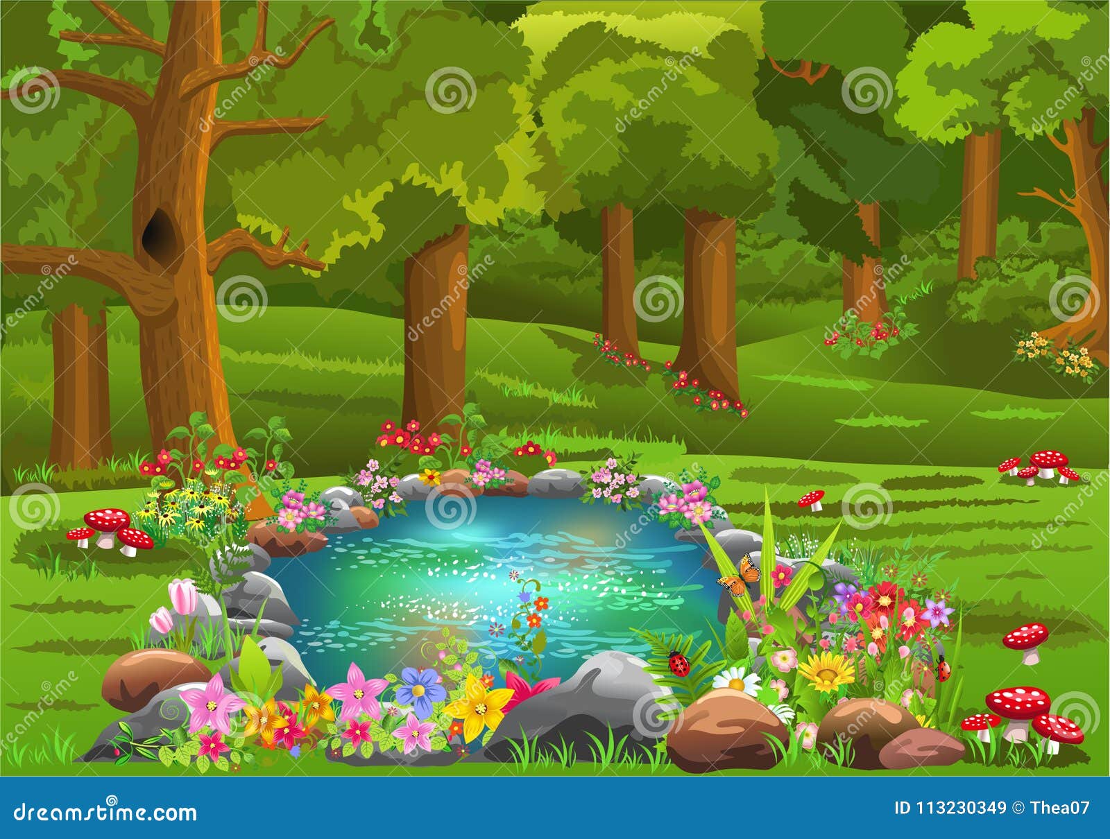 Teich Umgeben Durch Blumen Mitten in Dem Wald Vektor Abbildung