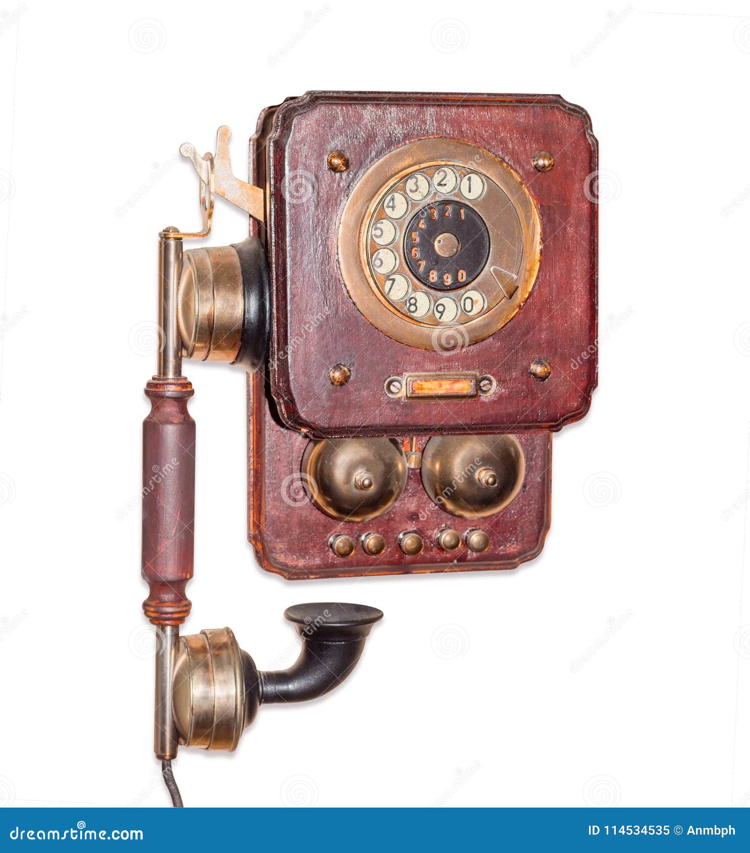 Teléfono Antiguo En La Pared De Ladrillo. Foto de archivo - Imagen
