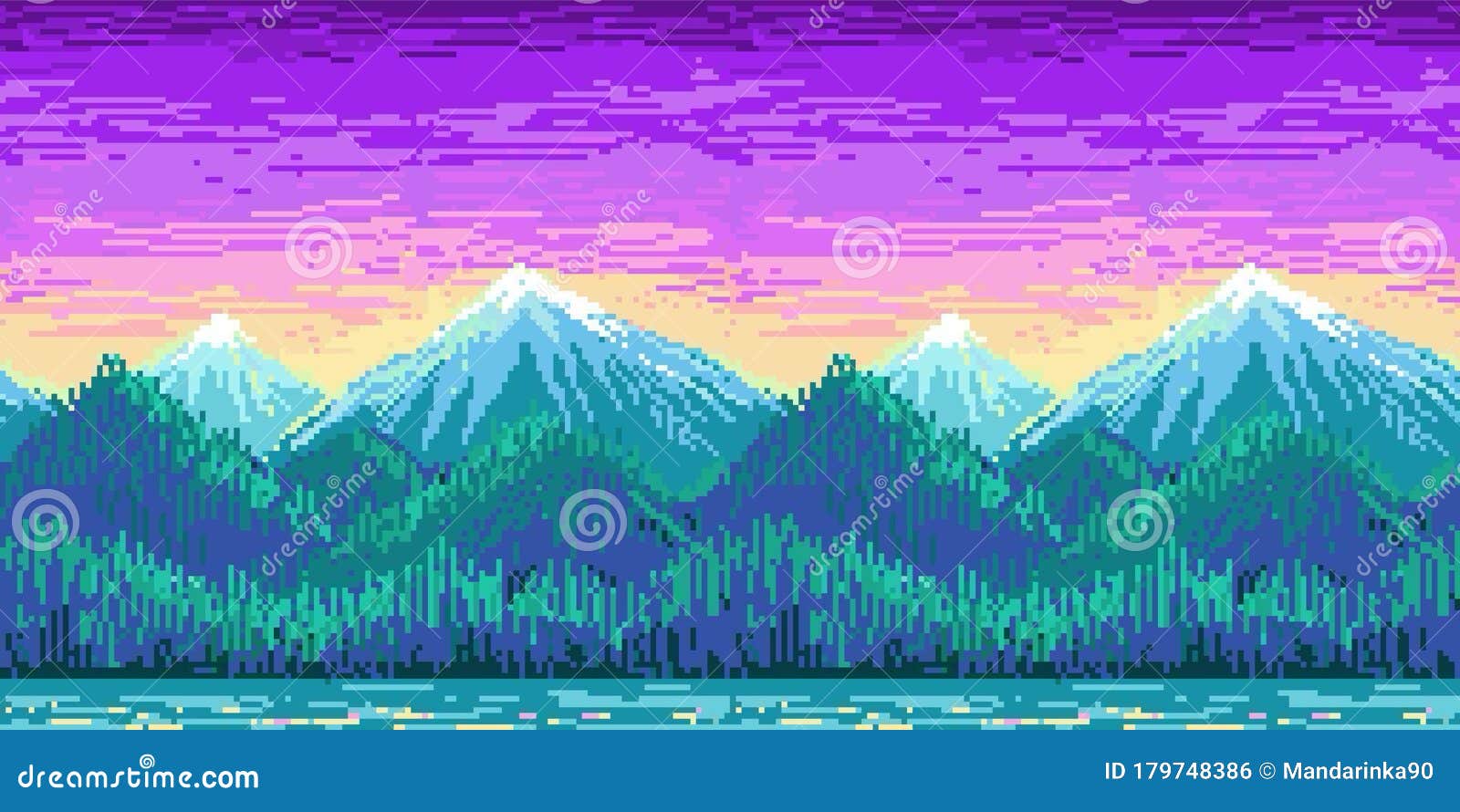 Pôr do sol de pixel na ilustração vetorial de montanhas