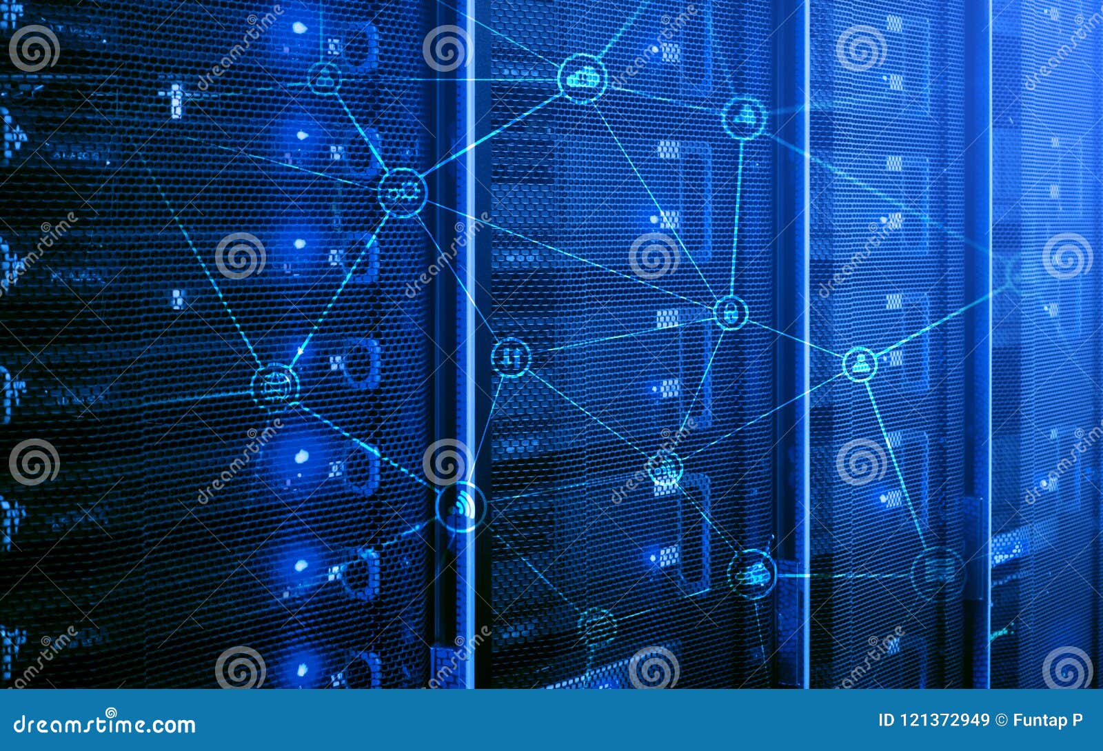 telecommunication concept with abstract network structure and server room background