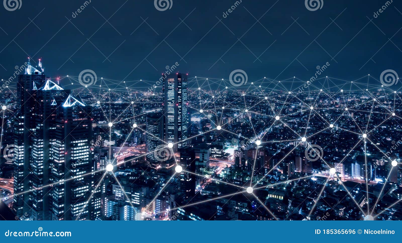 telecommunication network above city, wireless mobile internet technology for smart grid or 5g lte data connection, concept about
