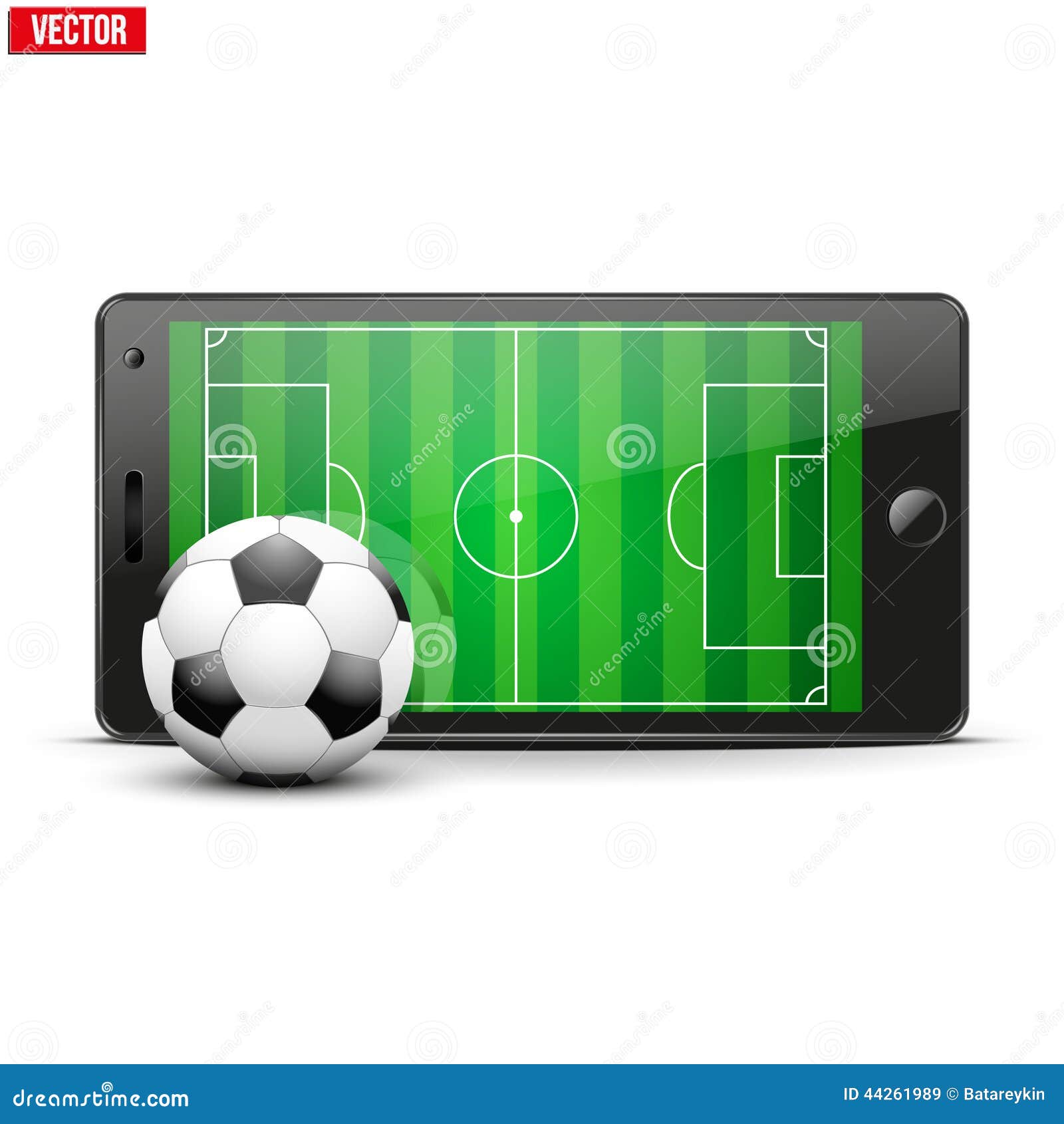 Futebol online. telefone móvel horizontal com bola de futebol de futebol e  campo na tela.