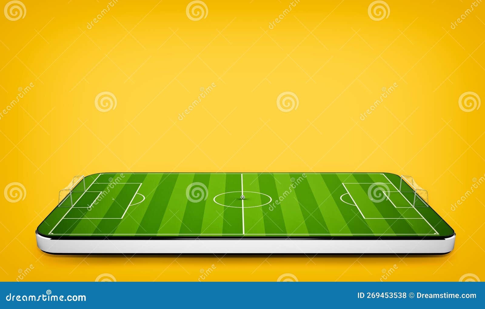 Telefone Celular Em Fundo Amarelo Com Campo De Futebol Na Tela 3d