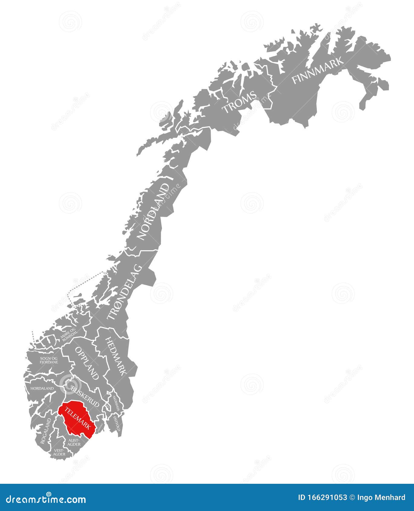 Telemark Red Highlighted in Map of Norway Stock Illustration Illustration of region