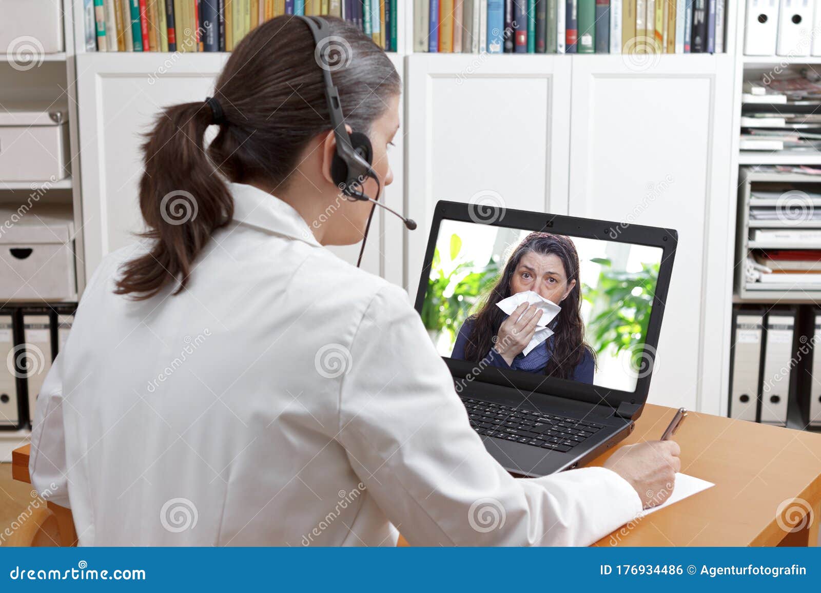 telemedicine concept: doctor or pharmacist during a video consult with a patient with a virus infection.