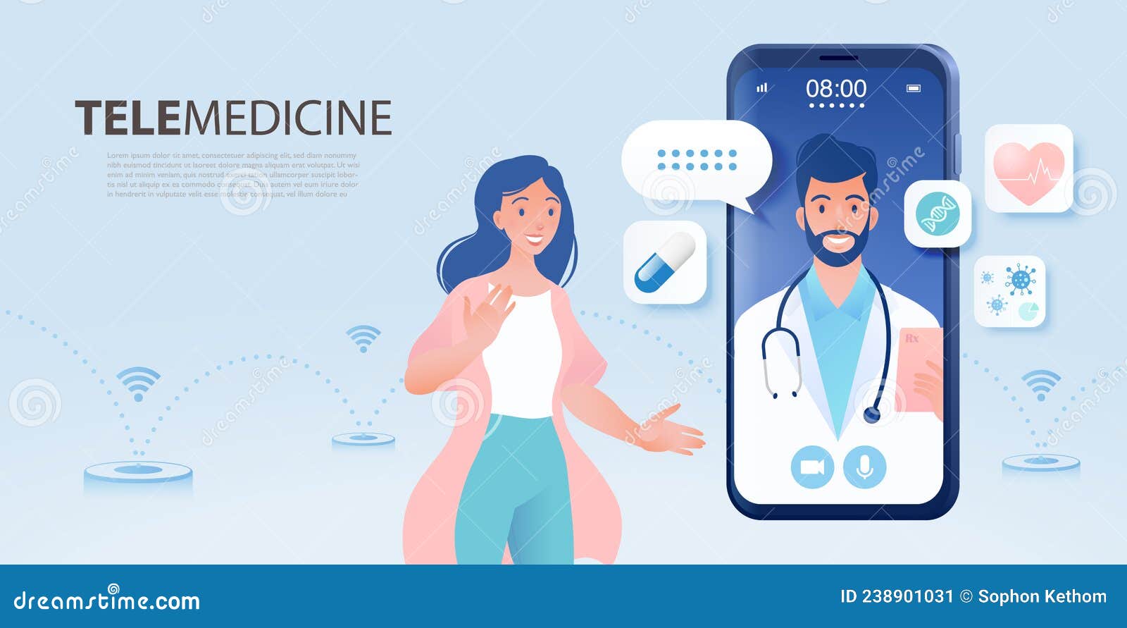 Telemedicine Concept Banner. Female Patient Consulting Doctor