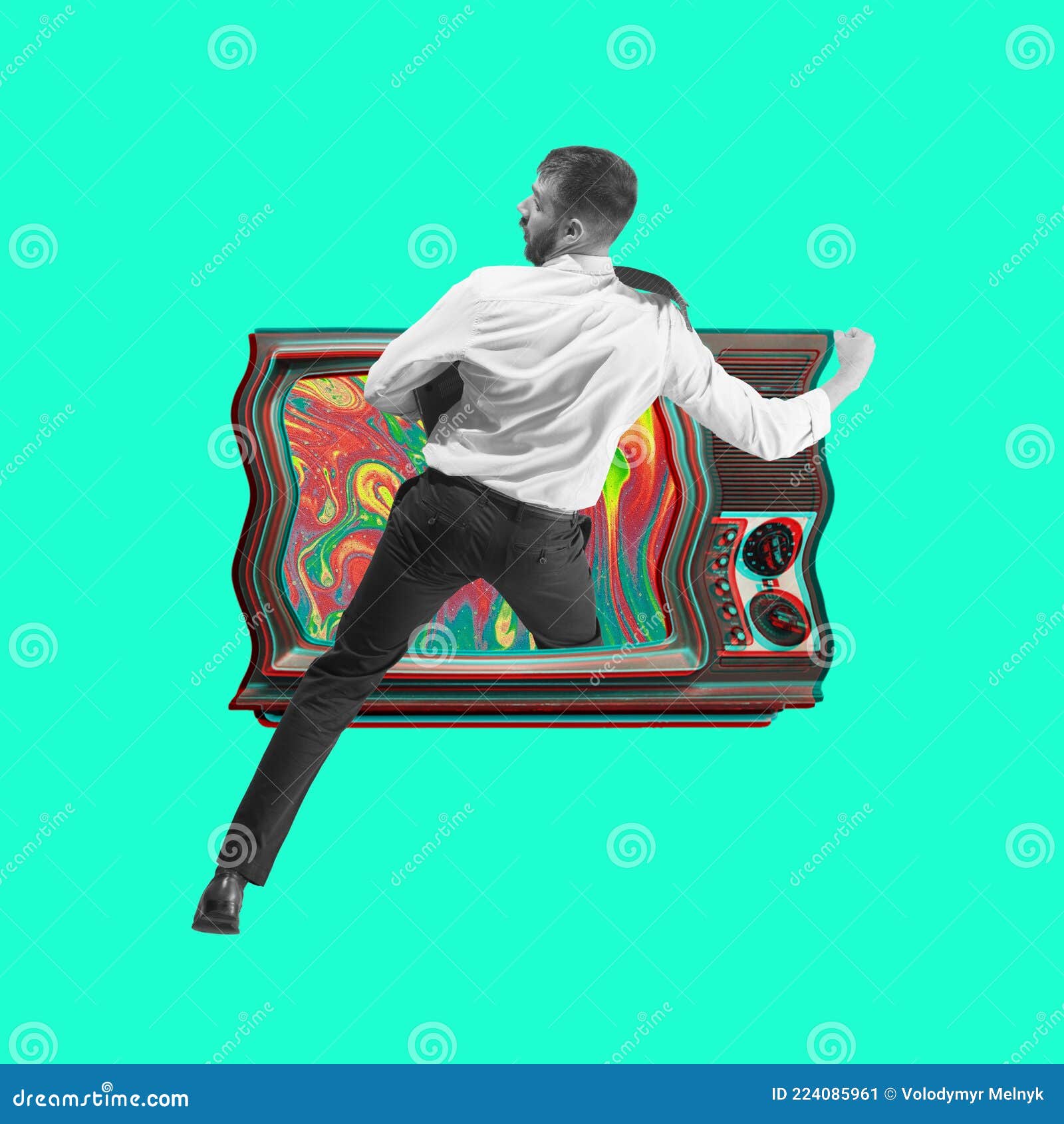 Teleportatie Naar Het Verleden. Jongeman Zet Retro Tv Set In. Collage 80- Jarige Hedendaagse Kunst Stock Afbeelding - Image Of Affiche, Begrip: 224085961