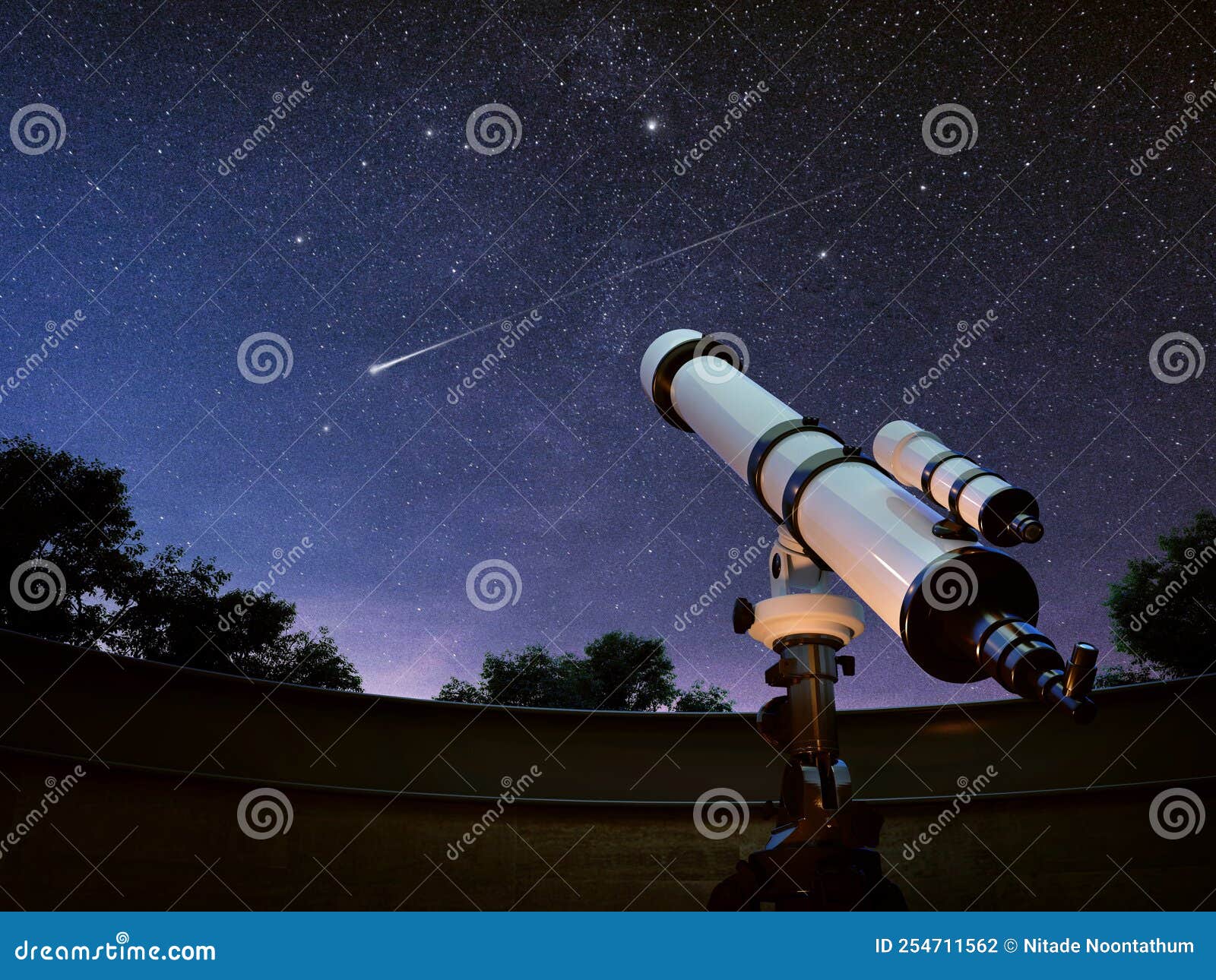 Telescope Watching the Sky and Falling Star. Stock Photo Image of