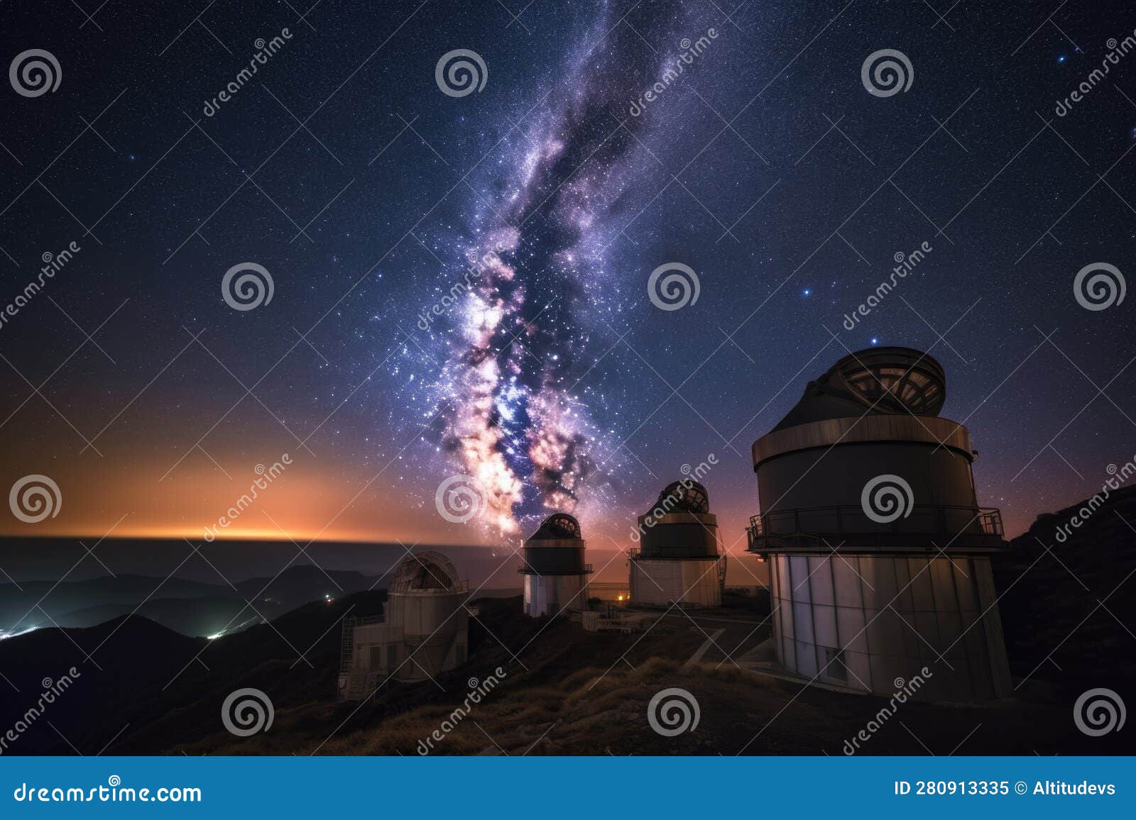 Telescopes and Observatories in the Midst of a Starry Night Sky Stock