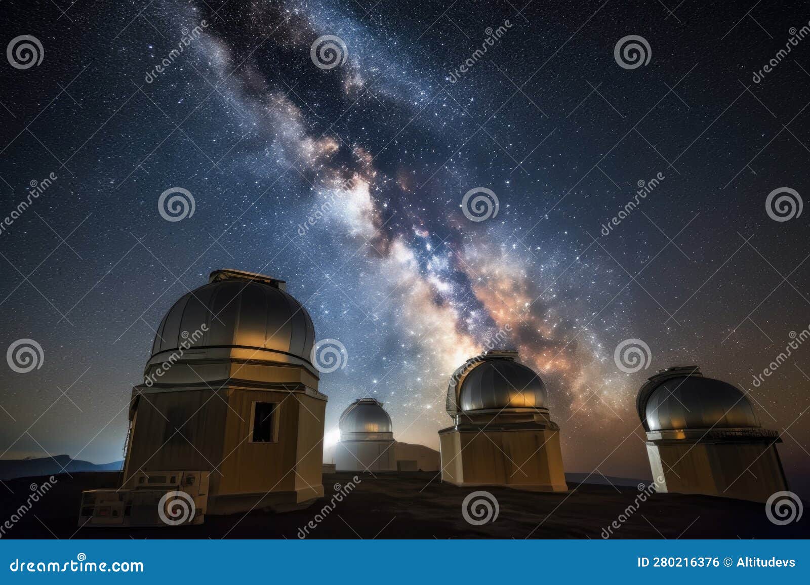 Telescopes And Observatories In The Midst Of A Starry Night Sky Stock
