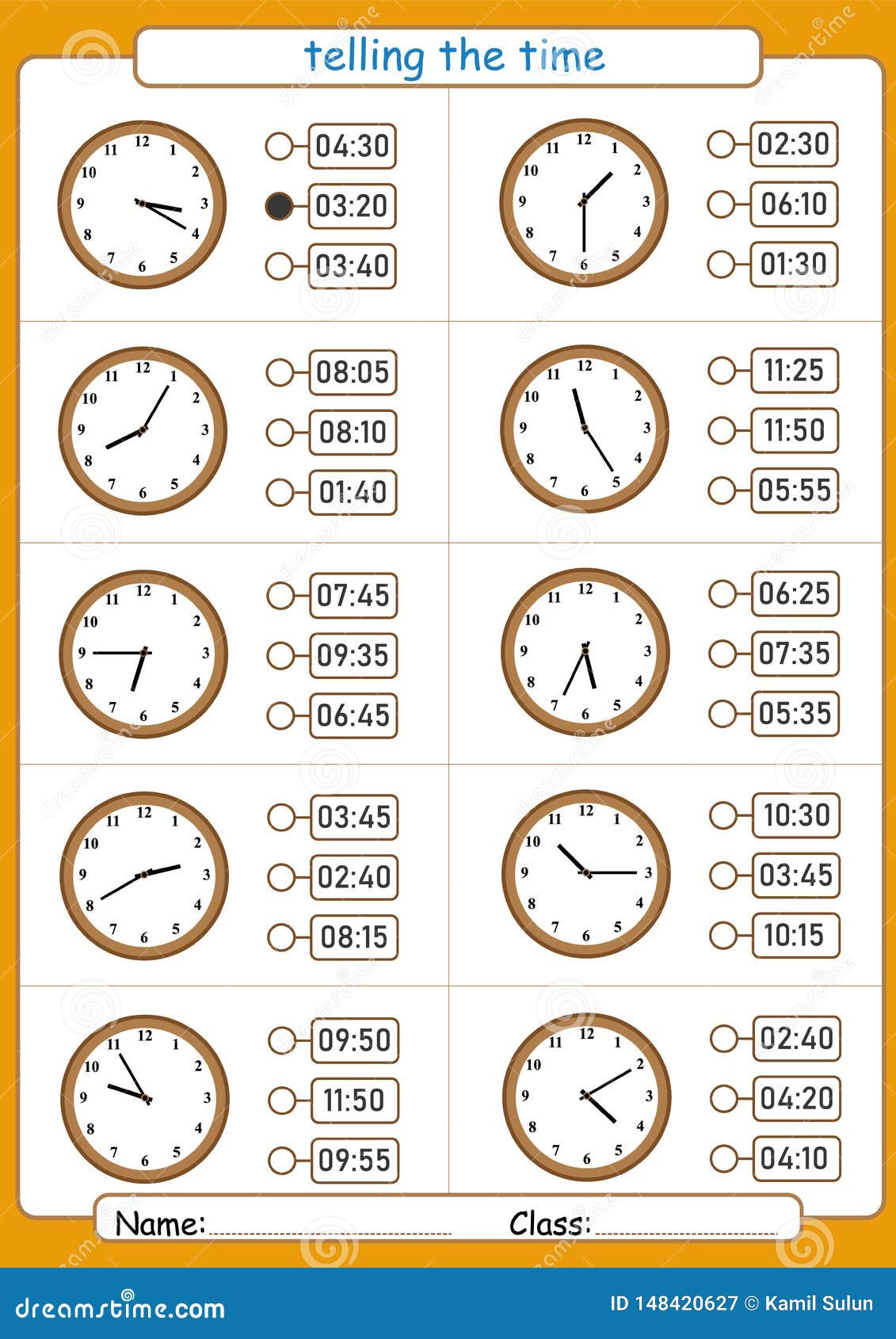 Telling the Time, Choose the Correct Worksheet for Children, What is the Time Stock Illustration - Illustration of draw, homework: 148420627