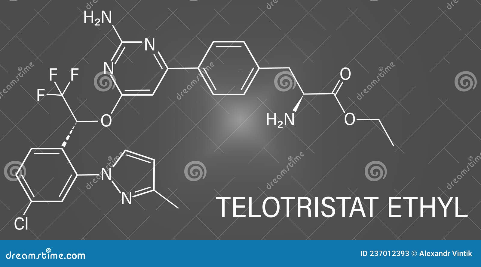 telotristat ethyl drug molecule, tryptophan hydroxylase inhibitor. skeletal formula.