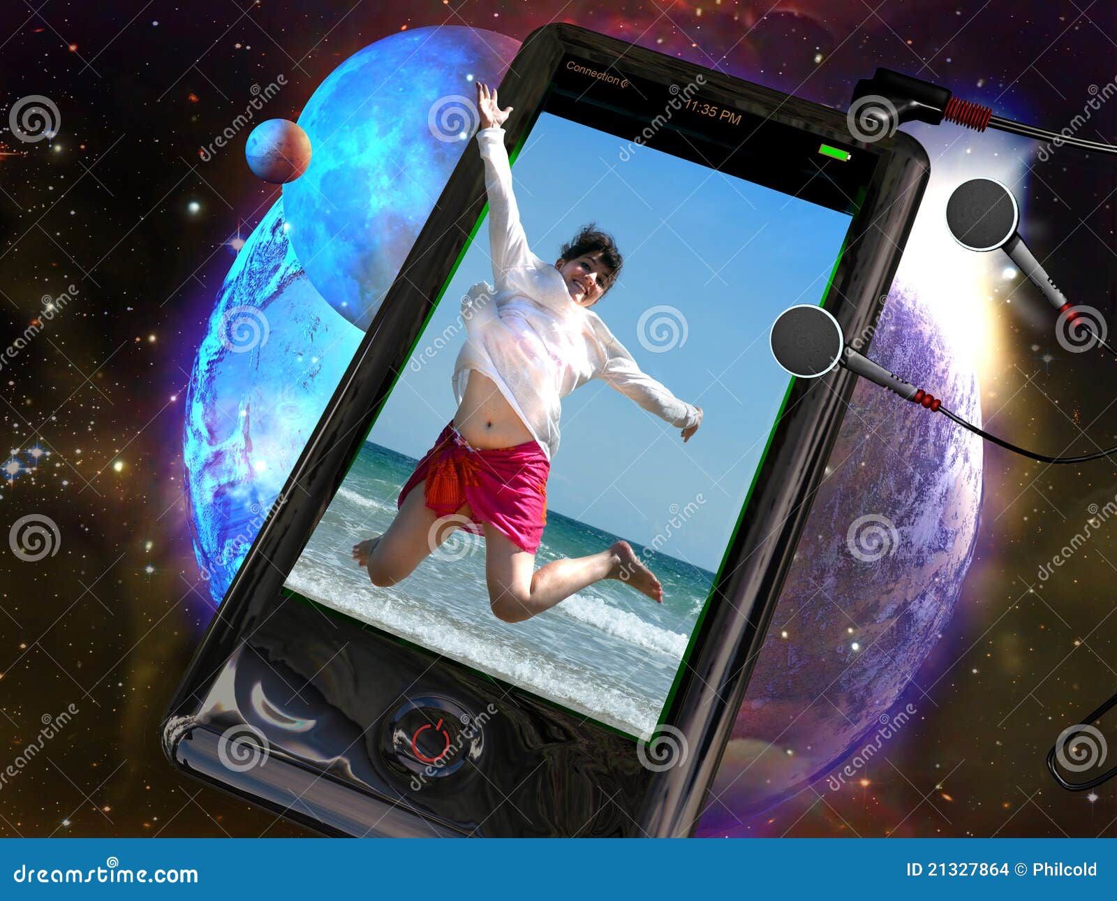 Teléfono 3D. Un teléfono, conectado con los auriculares, con una imagen 3D de una mujer joven que salta, en un fondo del espacio.