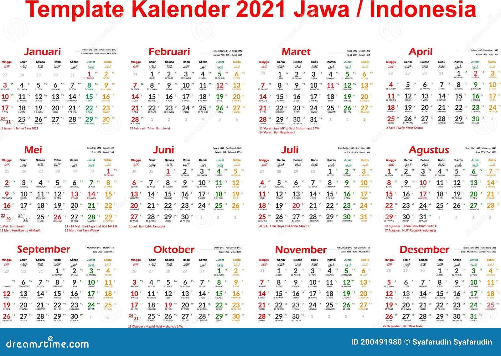 Tempalte Calender 2021 Indonesia Java Stock Illustration Illustration