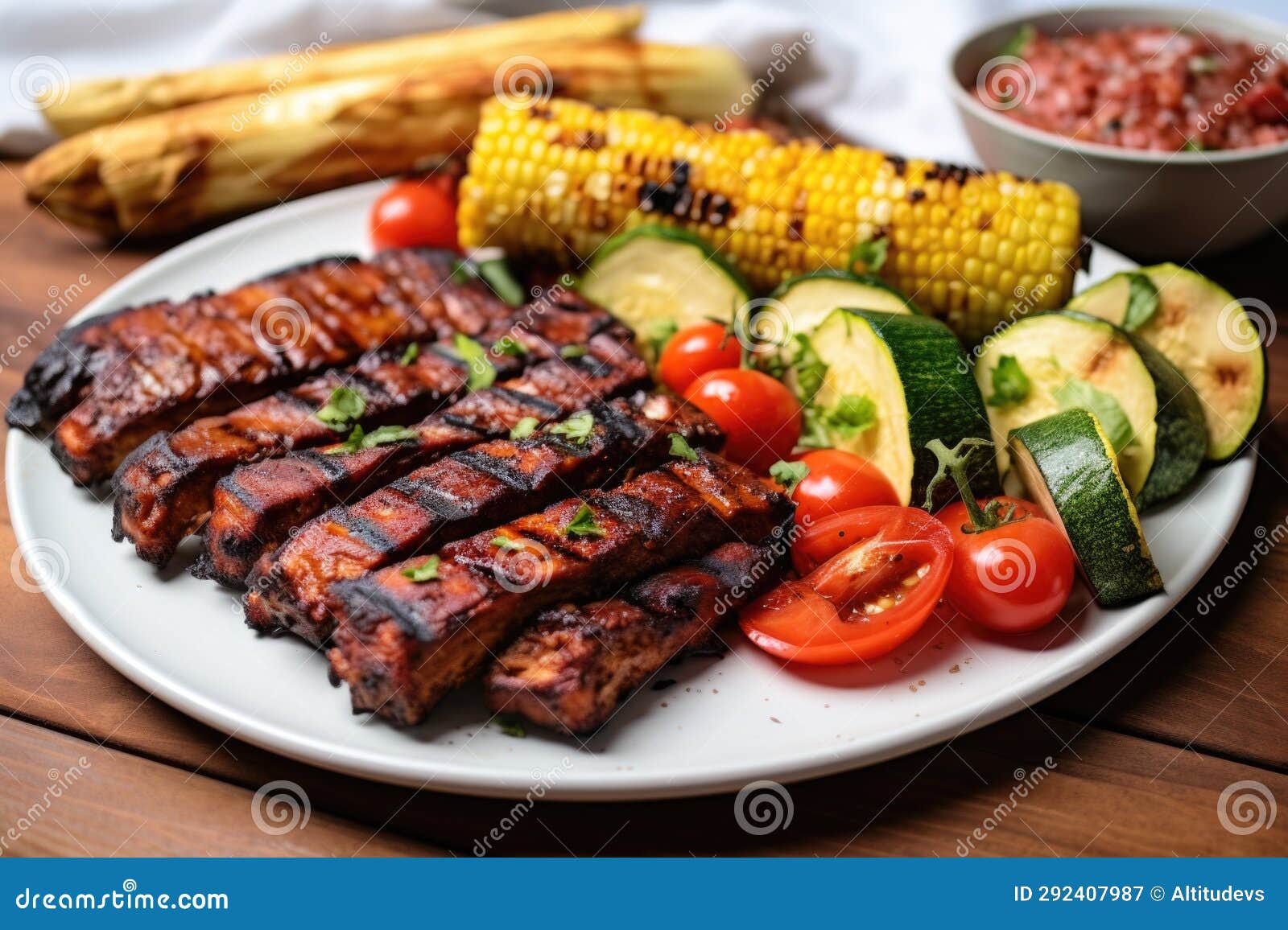 Tempeh Bbq Ribs with Grilled Vegetables on the Side Stock Image Image