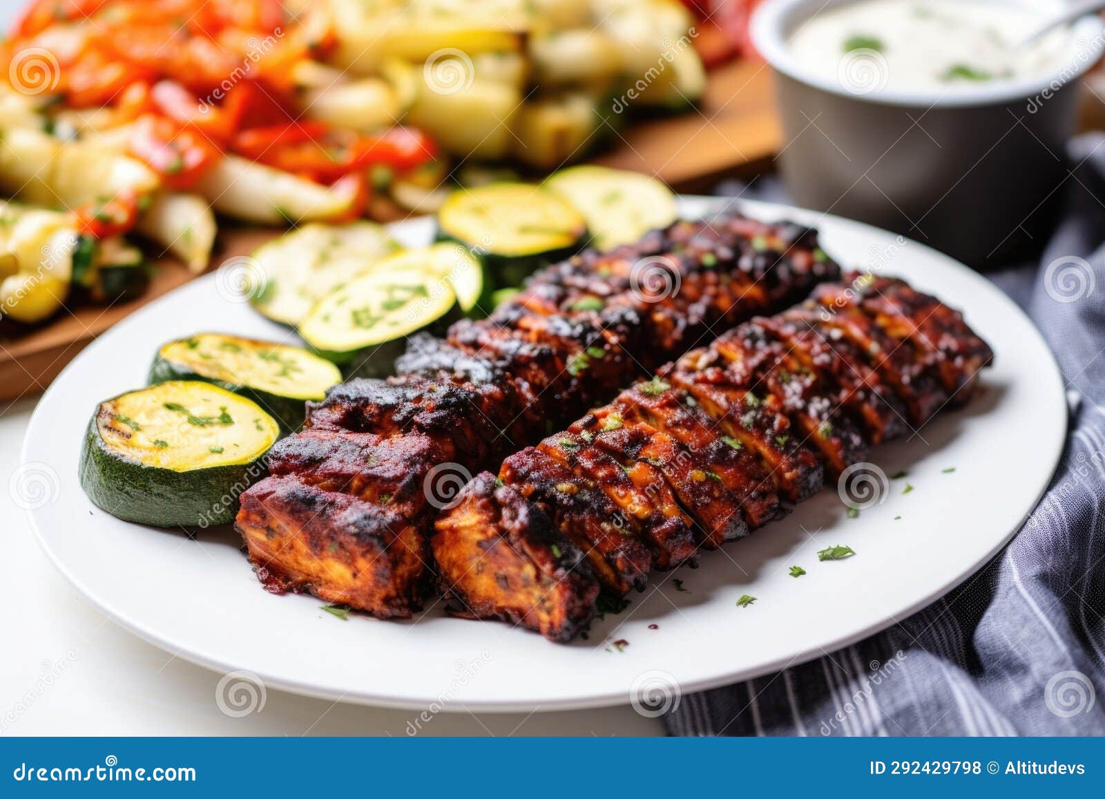 Tempeh Bbq Ribs with Grilled Vegetables on the Side Stock Photo Image
