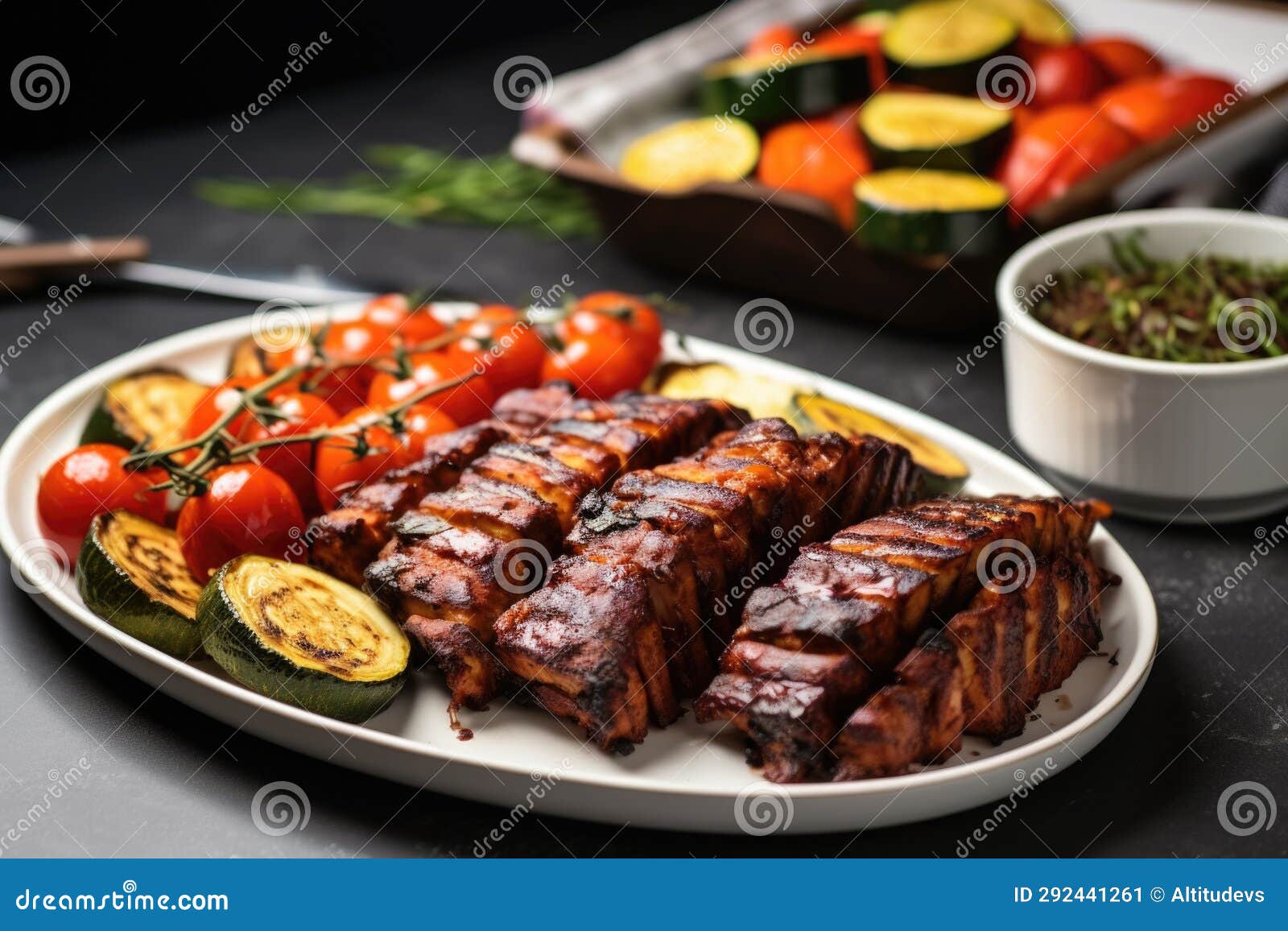 Tempeh Bbq Ribs with Grilled Vegetables on the Side Stock Image Image