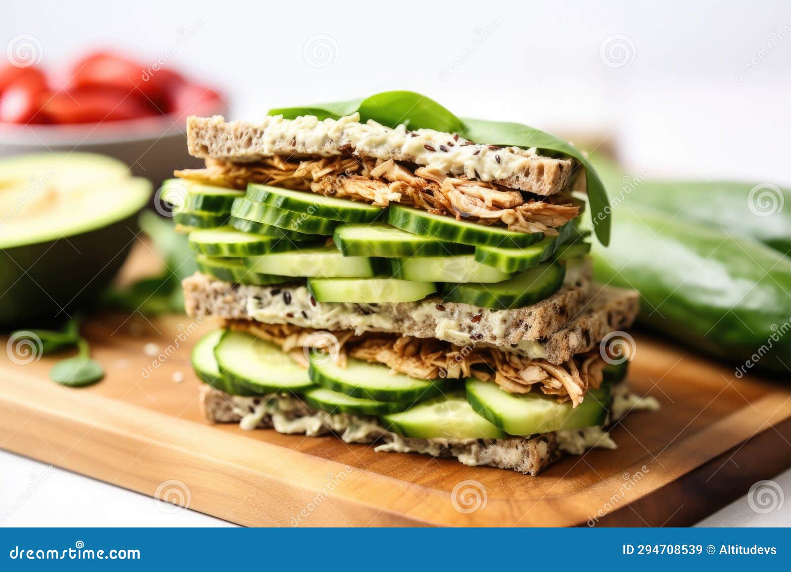 Tempeh Sandwich Layered with Avocado and Cucumber Stock Image Image