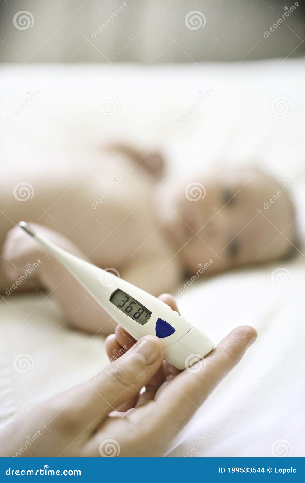 Temperature of Healthy Baby Lay on the Bedroom Stock Photo Image of
