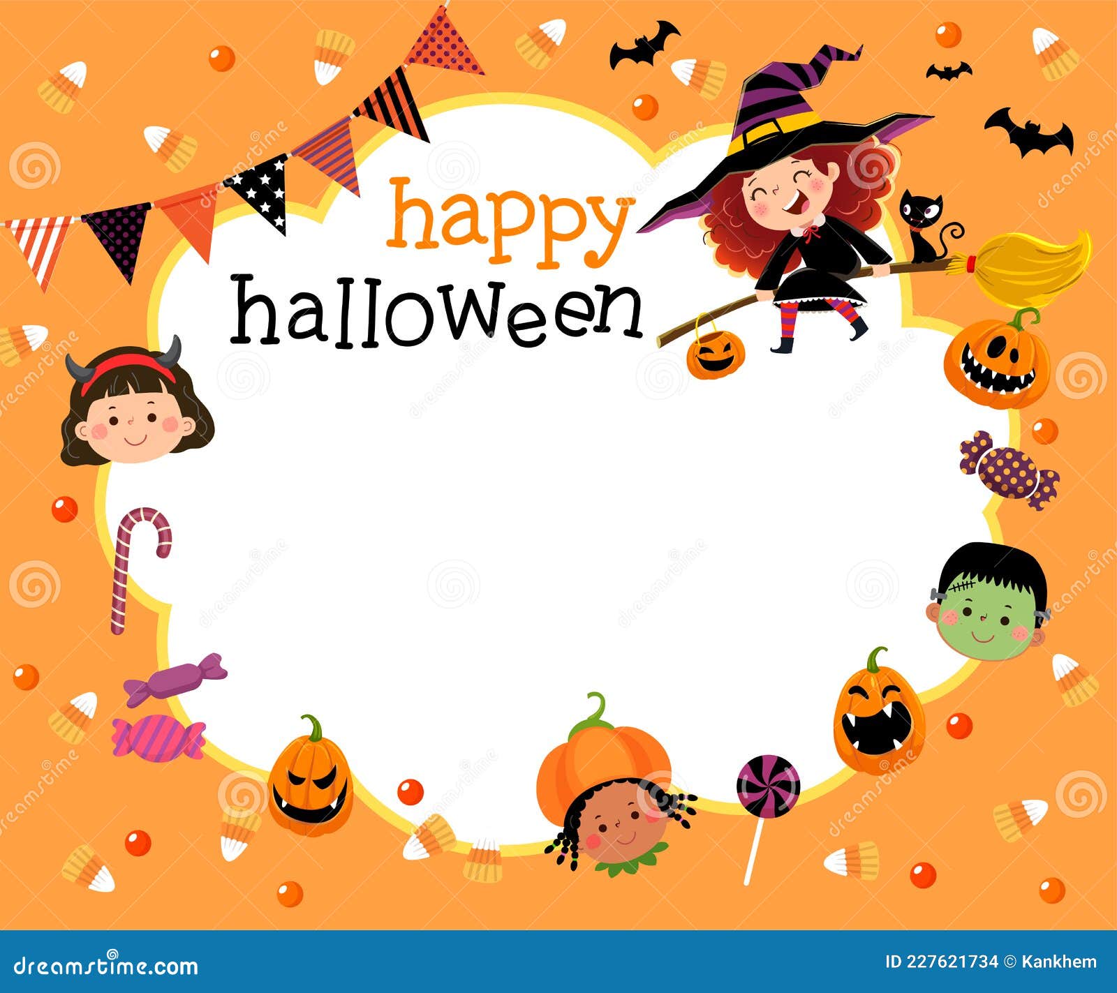 Template with Cartoon of Happy Kids and Candies in Halloween Concept ...