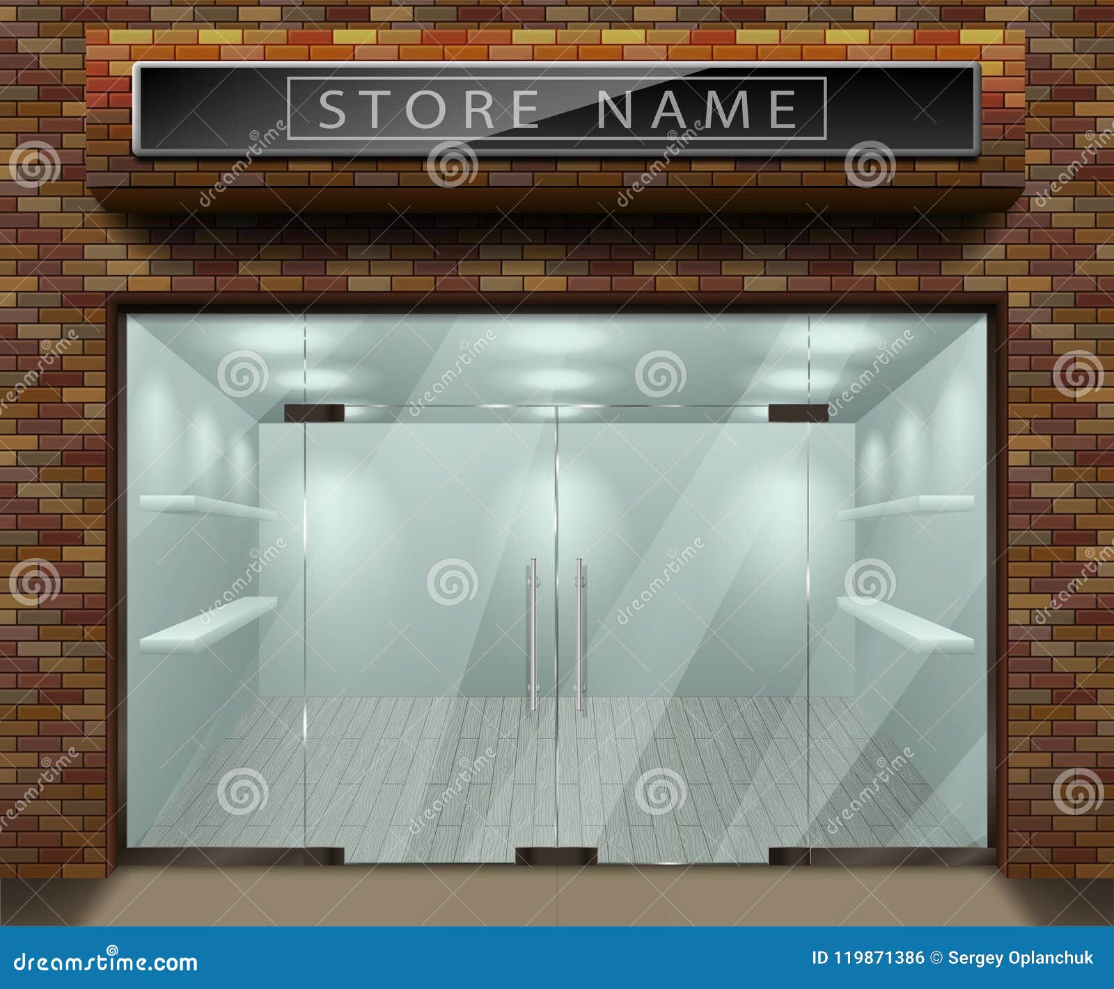 template for advertising 3d store front facade with red brick. exterior empty shop or boutique with transparent window