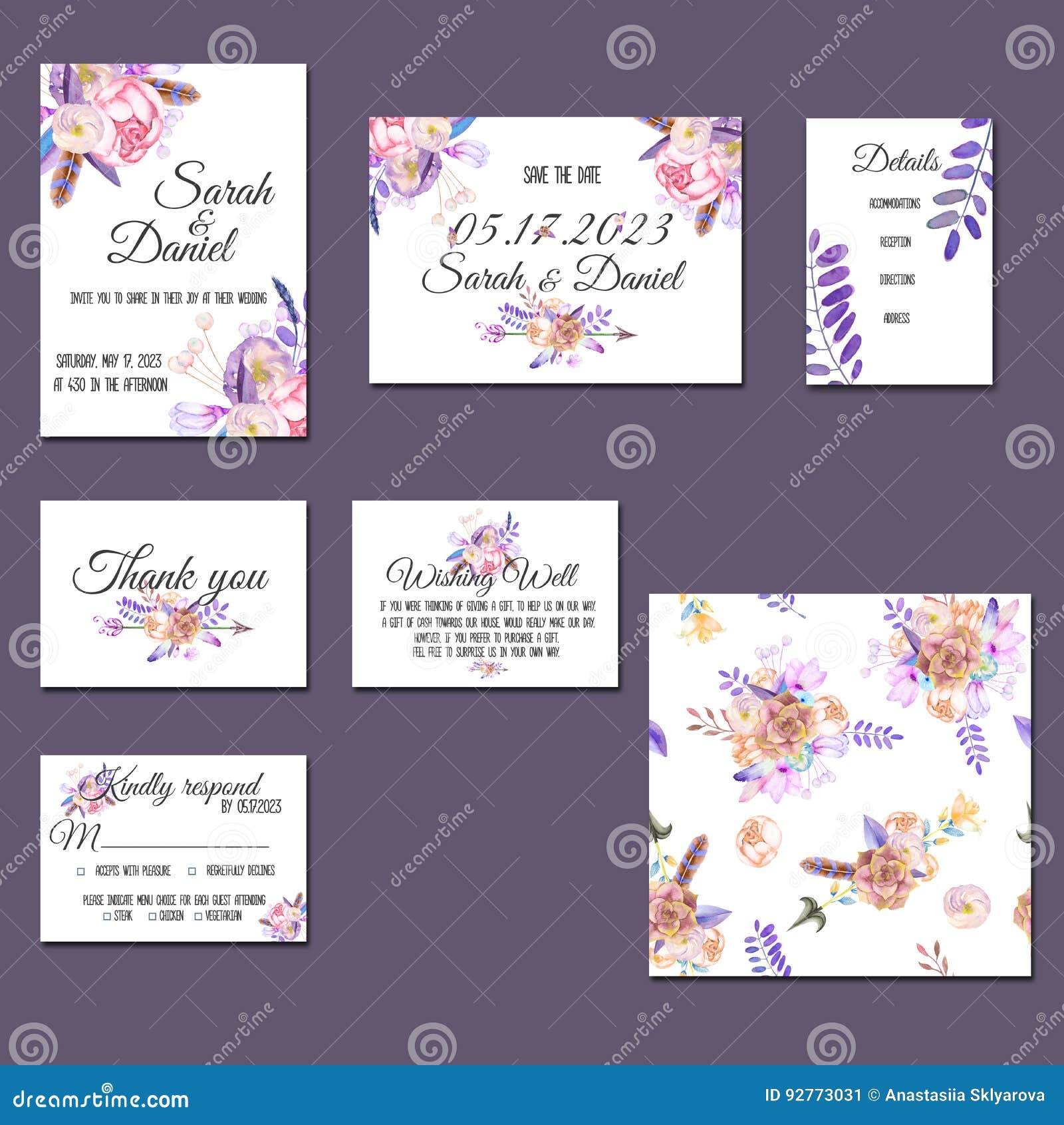 Download Template Cards Set With Watercolor Purple Posies Stock ...