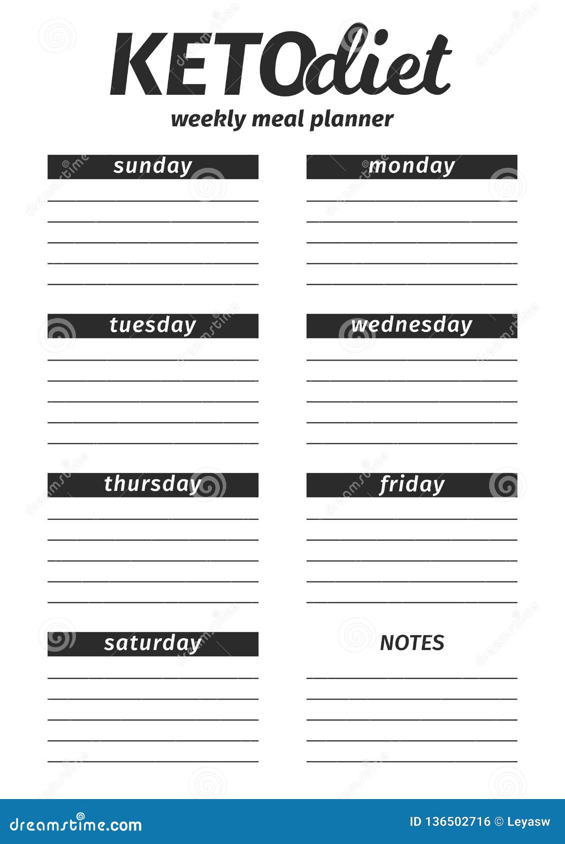 template for the creation of the food menu the ketogenic diet.  . seven-day vertical meal plan. black