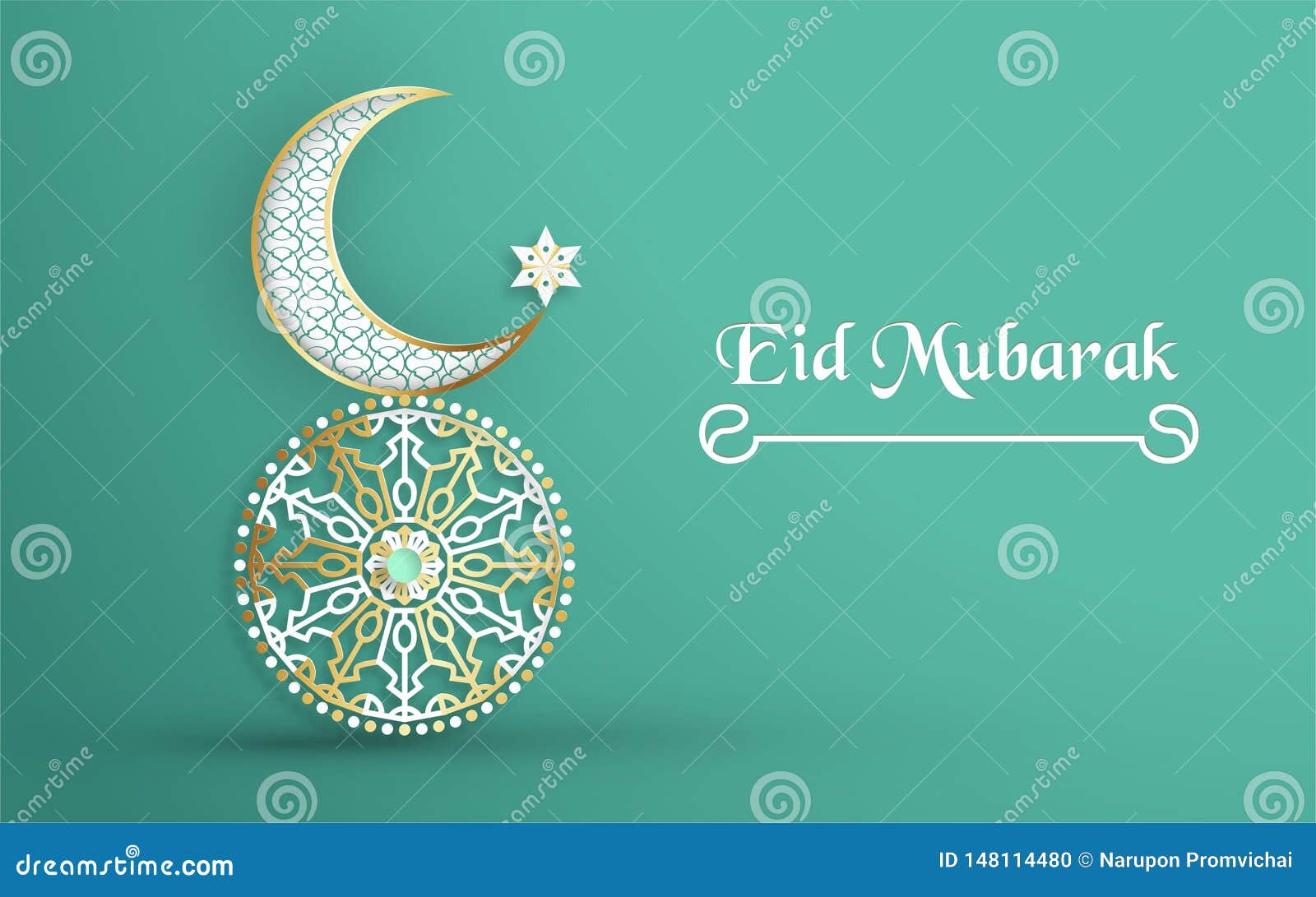 Template for Eid Mubarak with Green and Gold Color Tone. 3D Vector ...