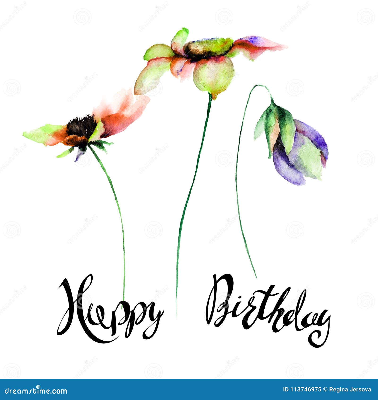 Stylized Flowers Watercolor Illustration with Title Happy Birthday ...