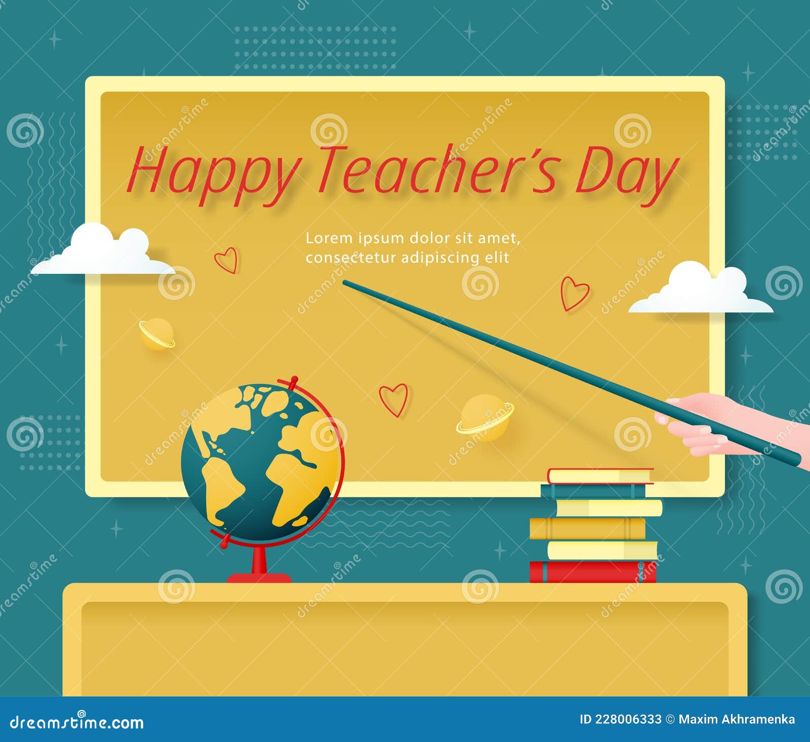 Template for Happy Teachers Day on the Background of the Chalkboard. Hand  with Pointer, Globe and Books Stock Vector - Illustration of background,  female: 228006333