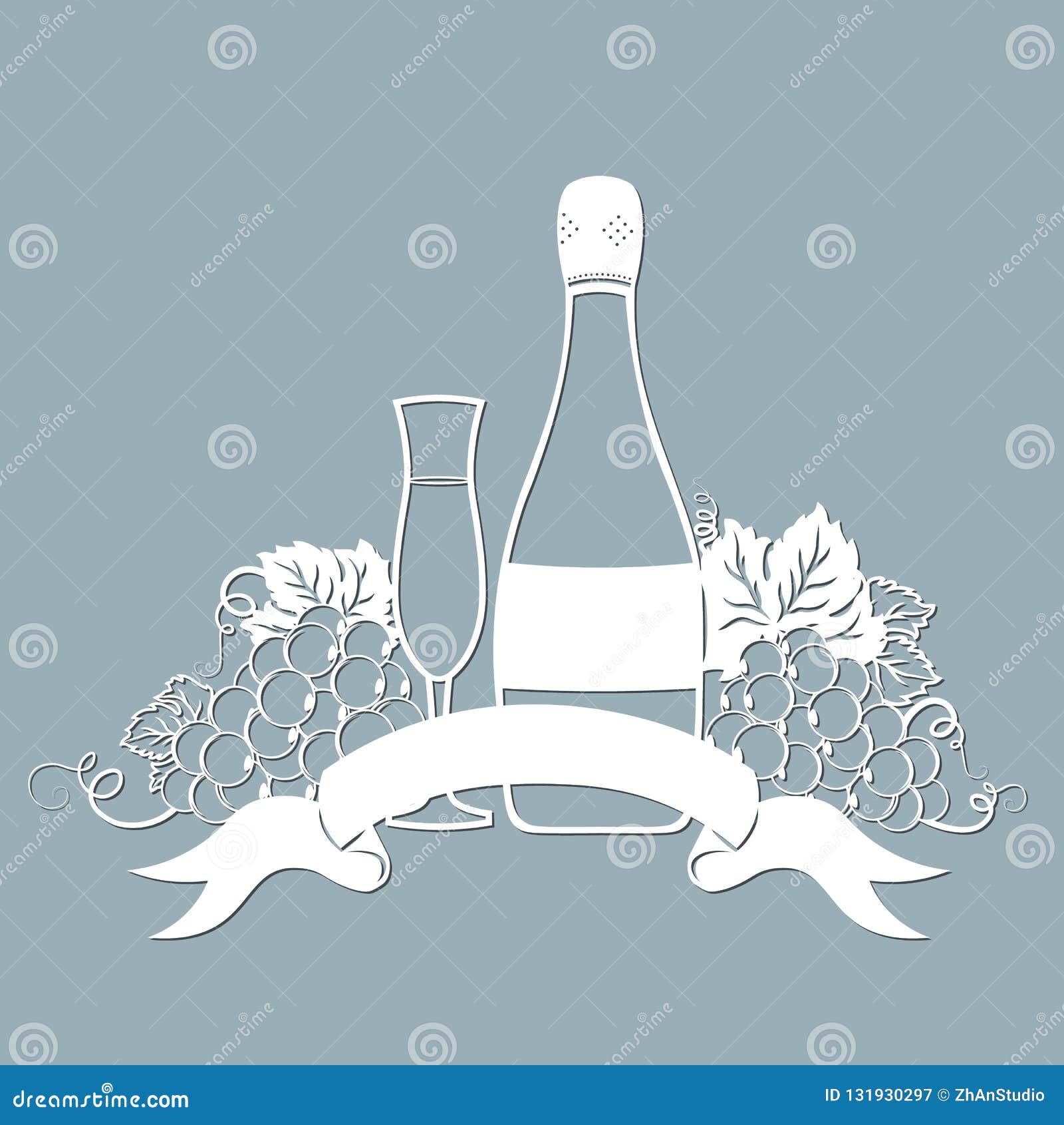 template for laser cutting, plotter, and silkscreen printing. vine. grape. a bottle of champagne and a glass