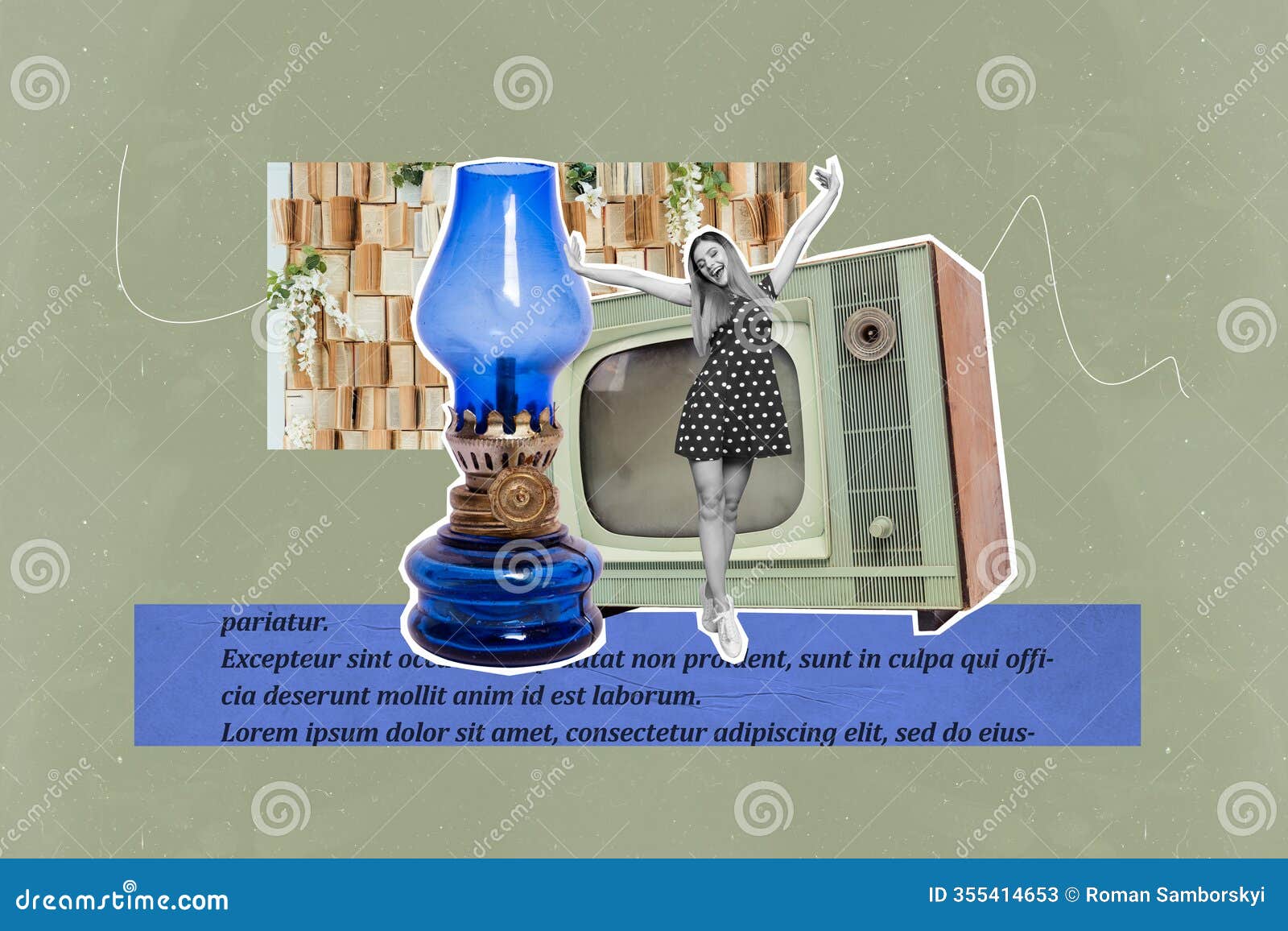 template poster trend artwork 3d photo collage of young woman dance retro television display book store vintage oil lamp