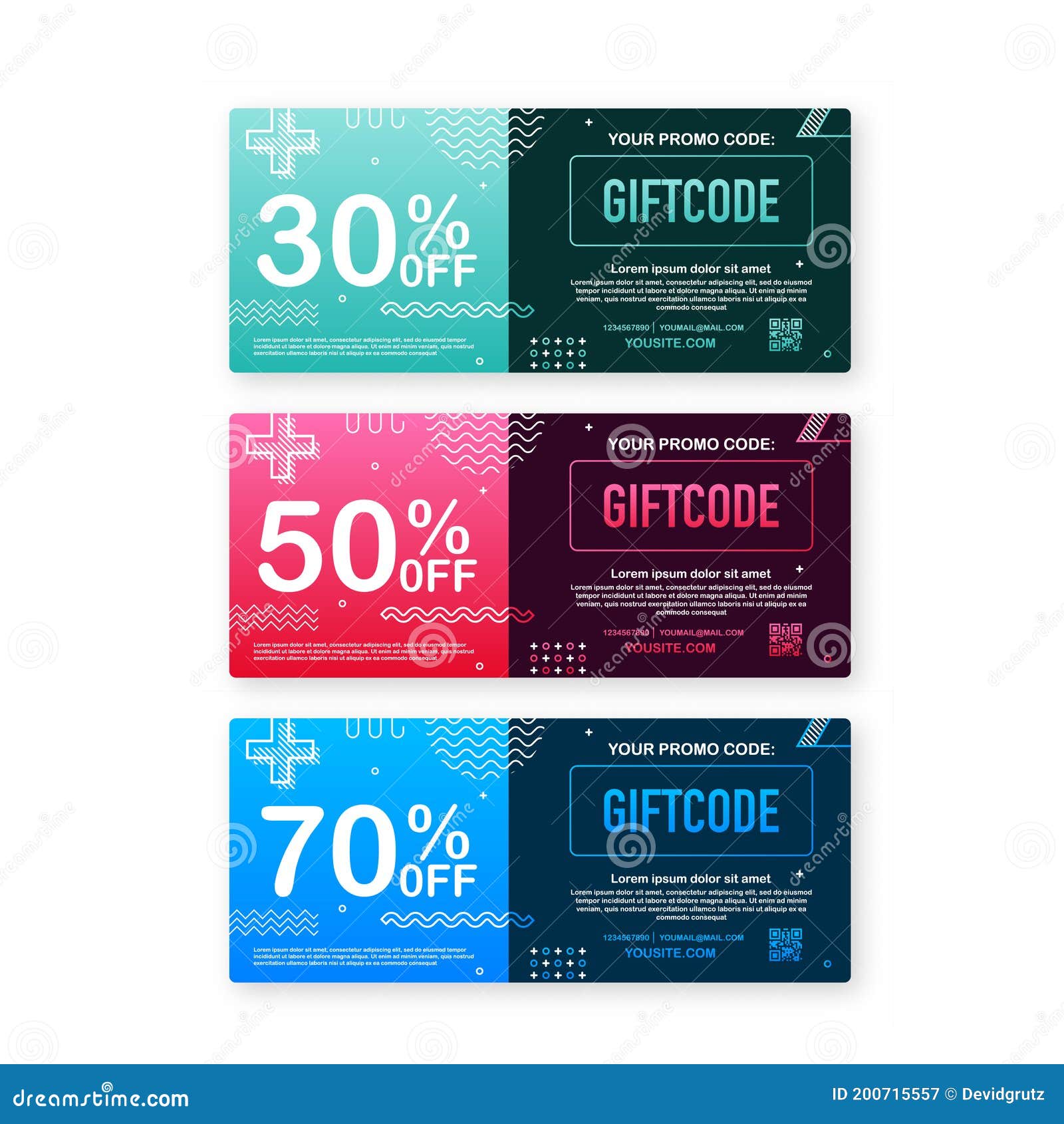 Template Red and Blue Gift Card. Promo Code. Vector Gift Voucher with