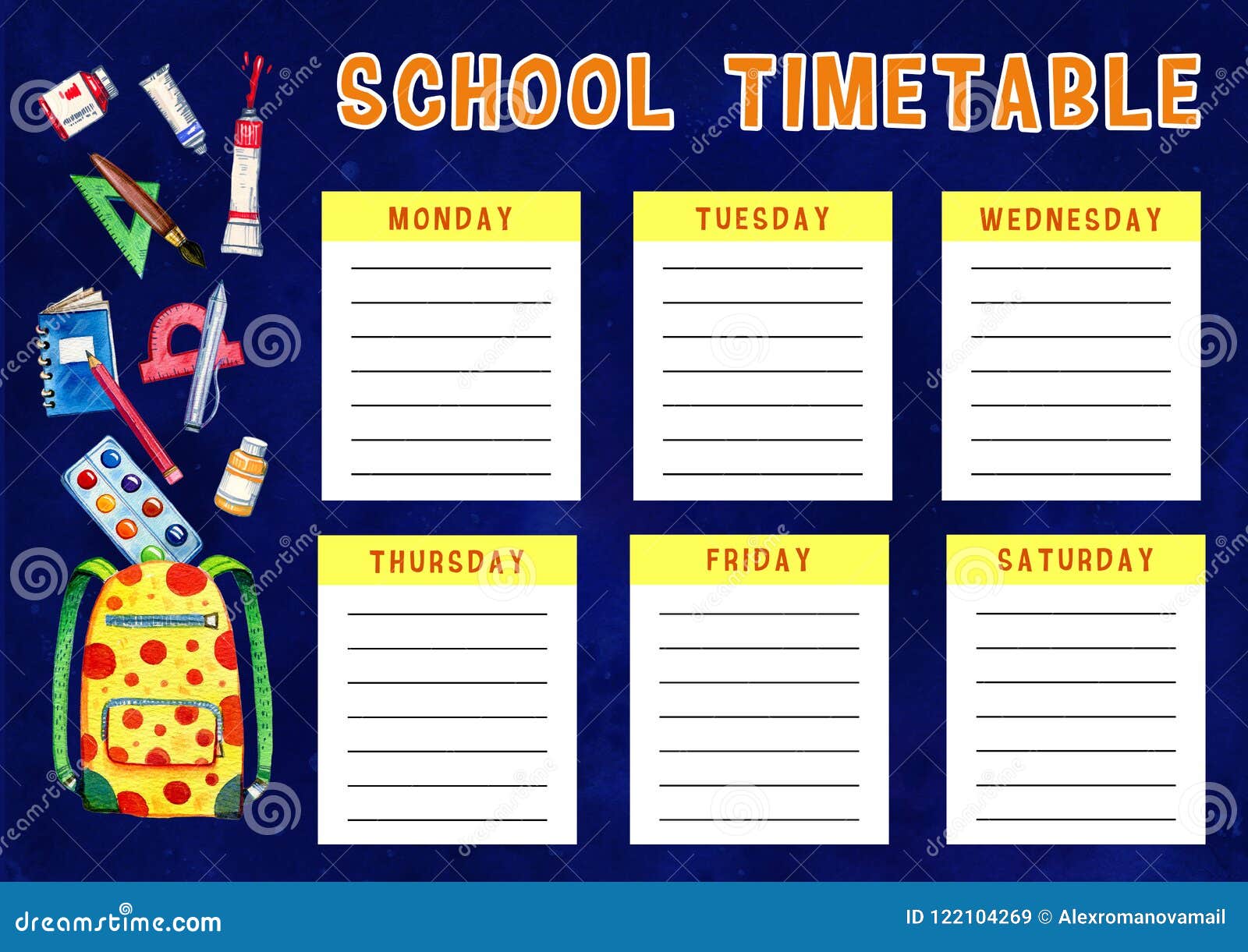 Timetable With Days Of Weeks For School. Vector Schedule For Children ...