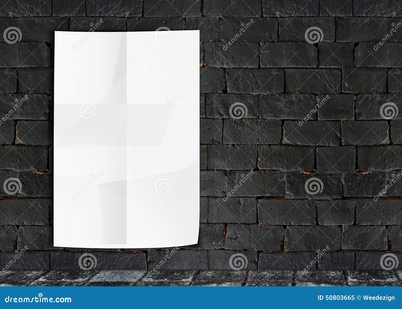 template- white crumple poster on grunge brick wall & footpath g