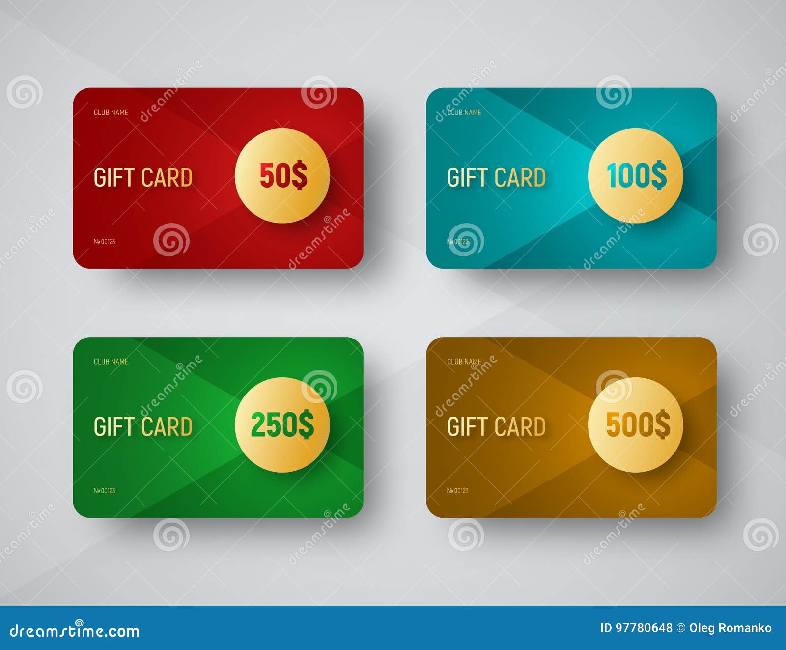 Templates of Gift Cards with a Gold Circle for Face Value Stock Vector