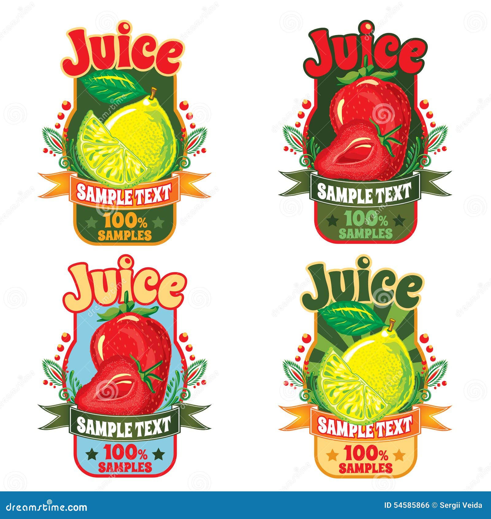 Templates for Labels of Juice from Lemon and Strawberries Stock Vector