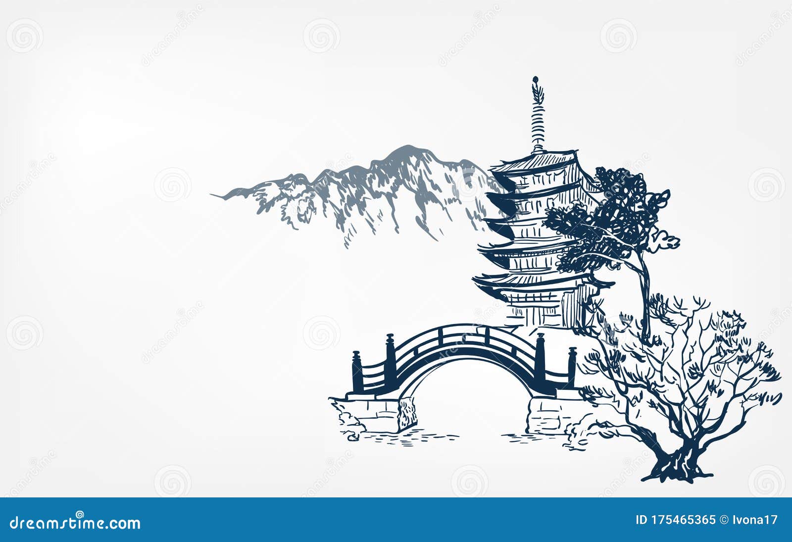 Temple Card Nature Landscape View Bridge Vector Sketch Illustration