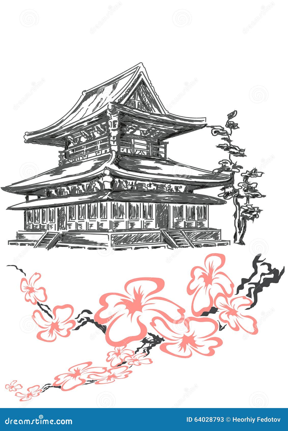 Temple and cherry stock vector. Illustration of temple 64028793